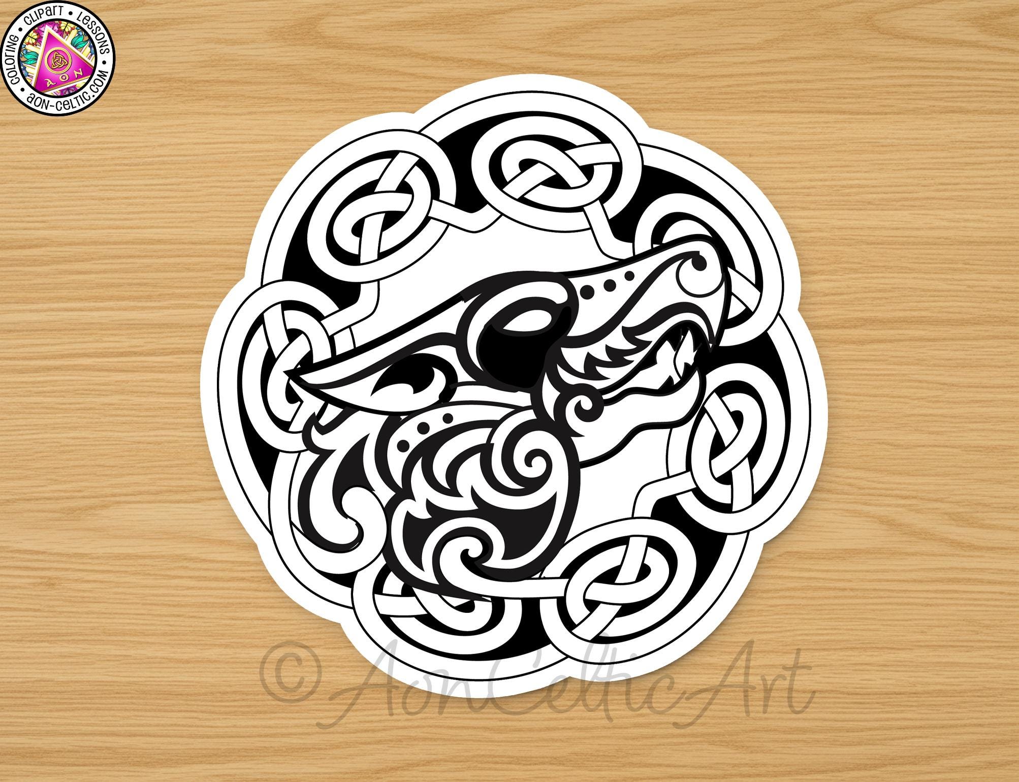 A black and white sticker featuring a stylized design of a dragon or serpent surrounded by intricate Celtic knot patterns.