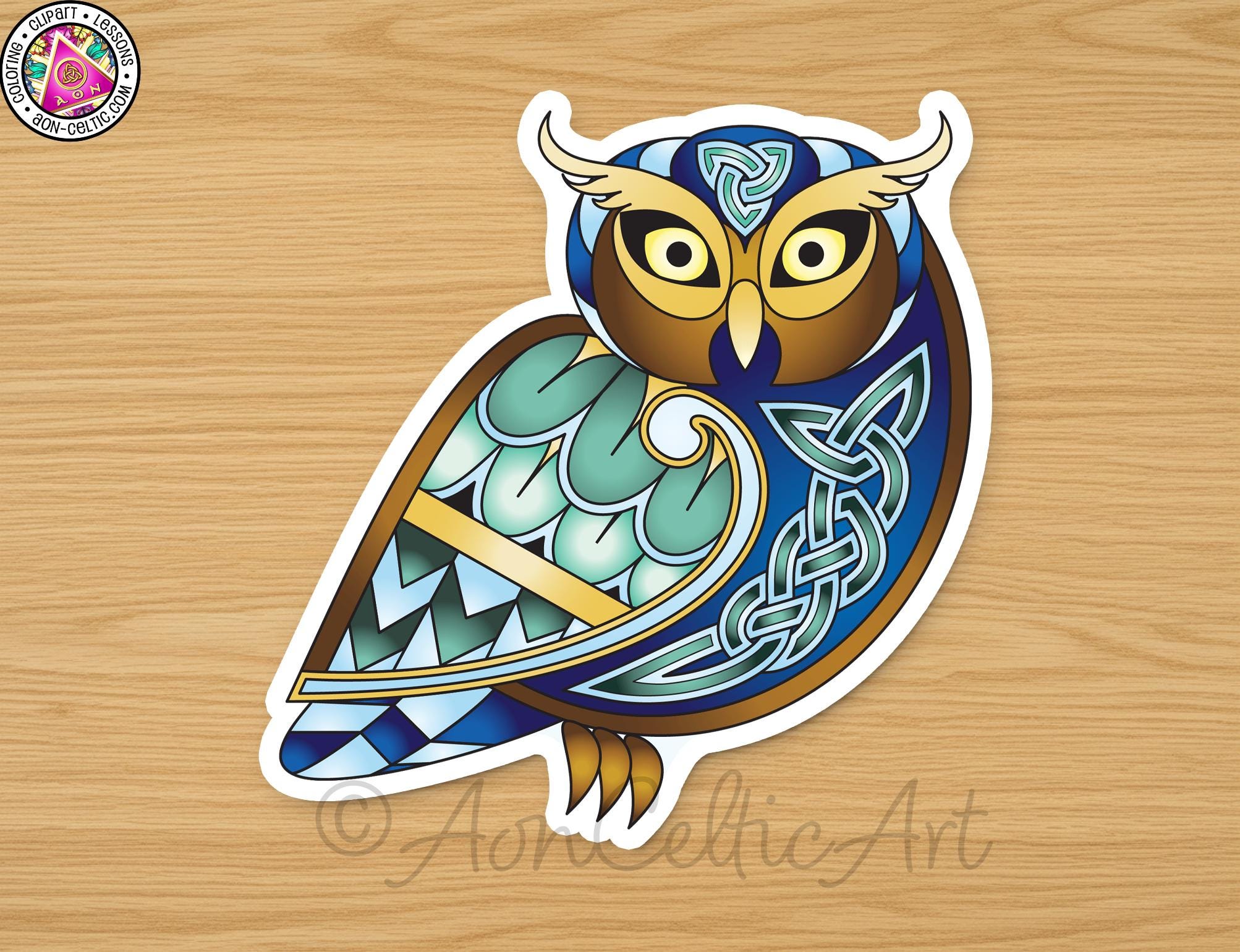 A sticker depicting a colorful, intricate owl design with a blue and green color scheme and a Celtic-inspired pattern.