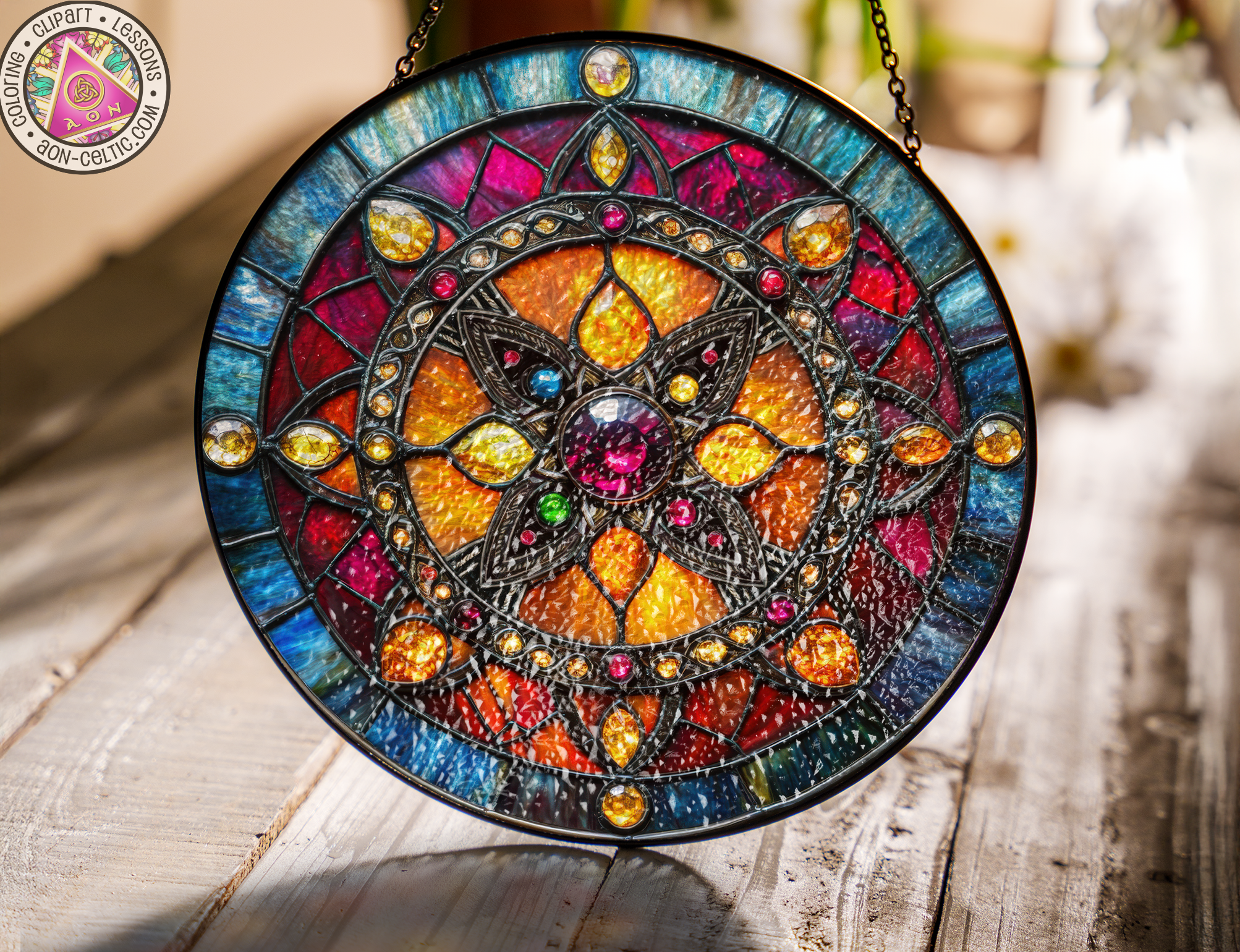 a stained glass sun catcher hanging on a chain