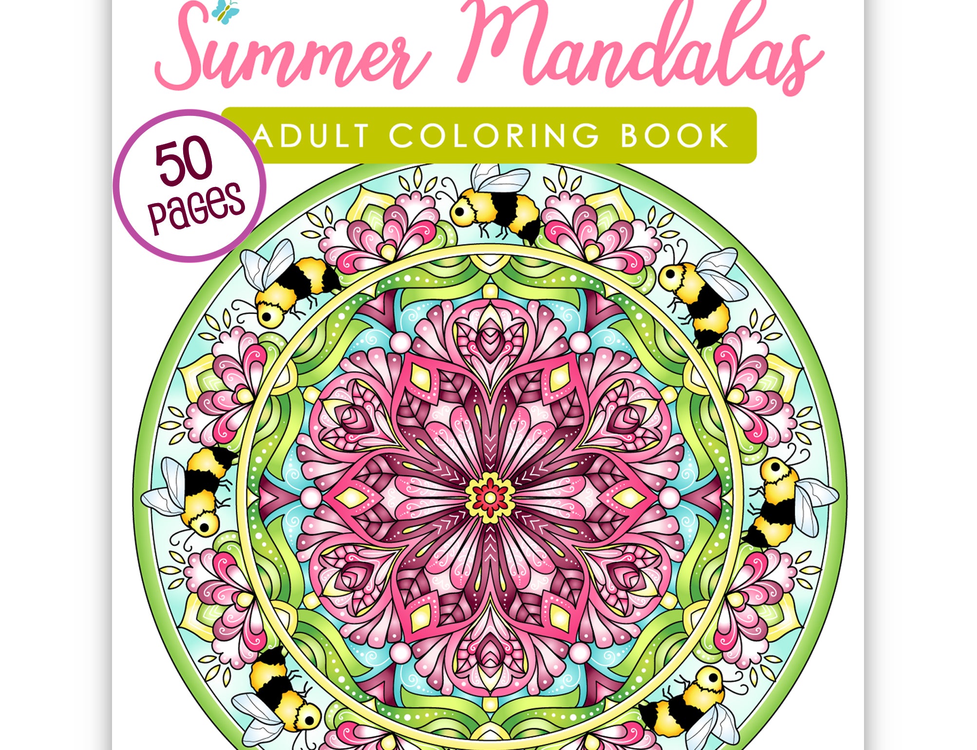 The image is an adult coloring book cover for "Summer Mandalas" featuring a large mandala design with intricate floral and bee patterns in shades of pink, green, and yellow.