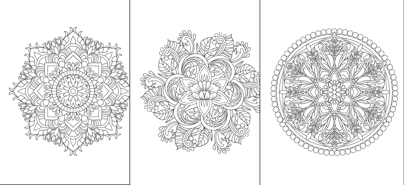 a set of three coloring pages with different designs