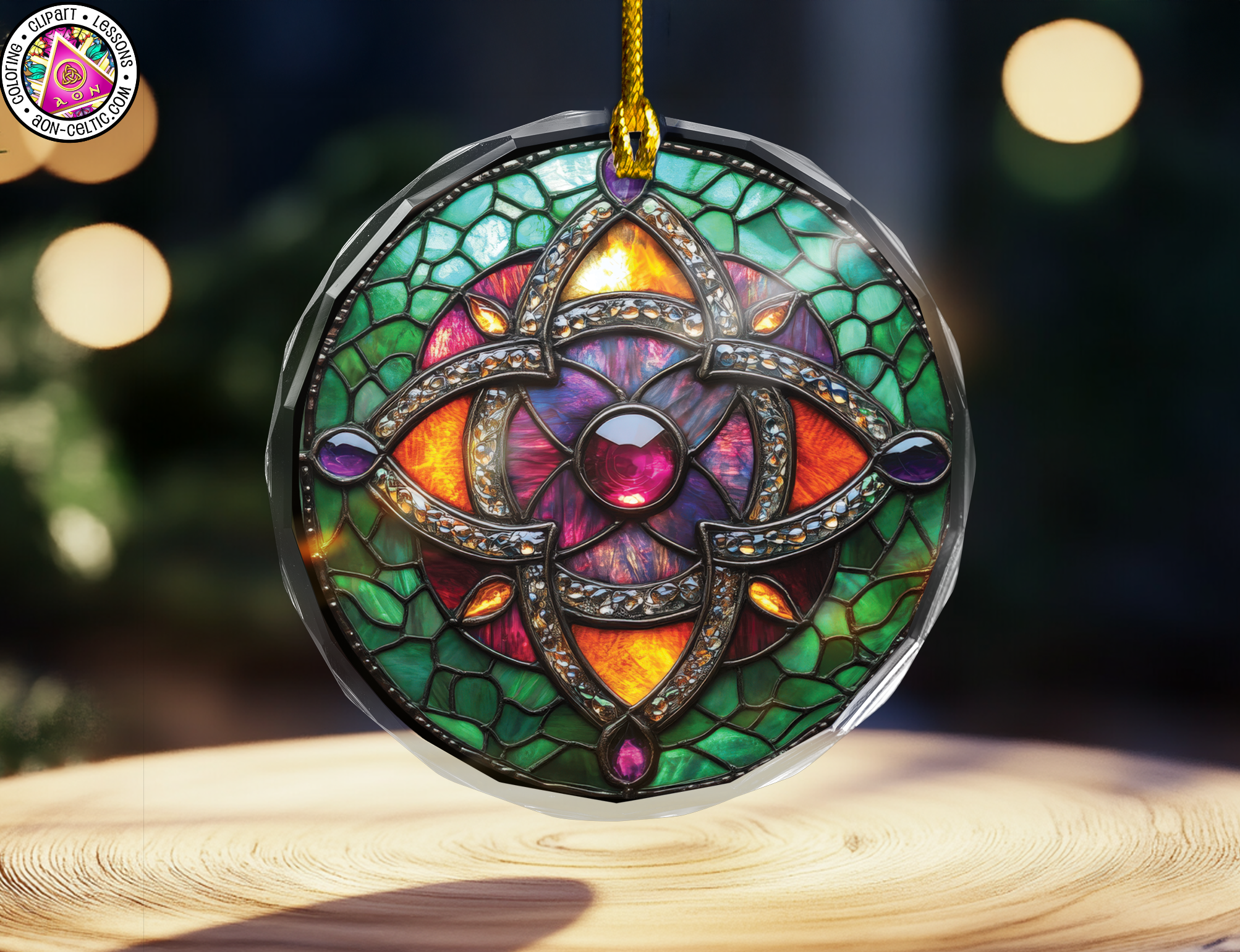 a stained glass ornament hanging on a table