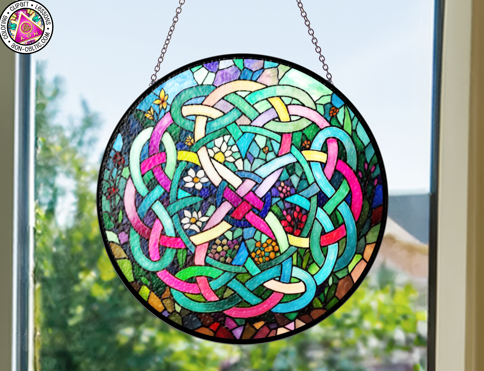 a stained glass window hanging on a chain