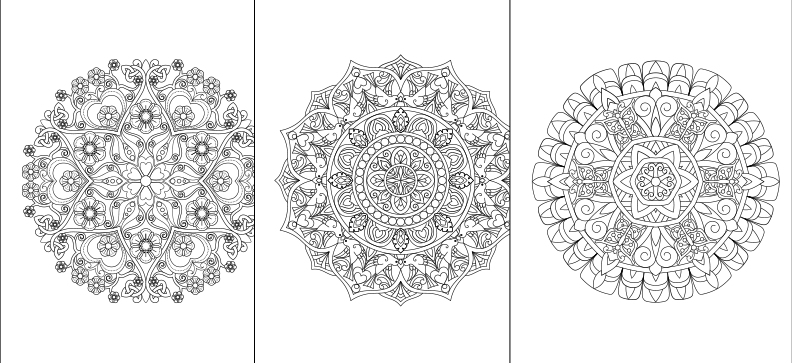 three coloring pages with different designs on them