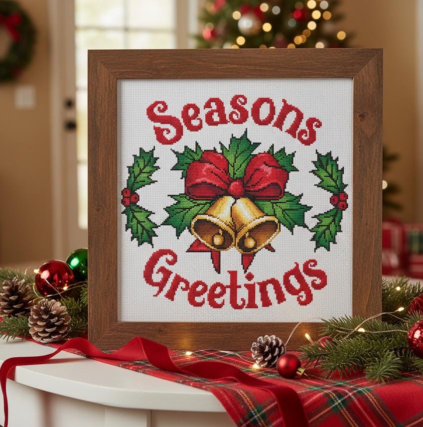 A framed cross-stitch design with a bell and holly leaves, surrounded by Christmas decorations such as pine cones, ornaments, and a wreath. The text "Seasons Greetings" is written across the design.