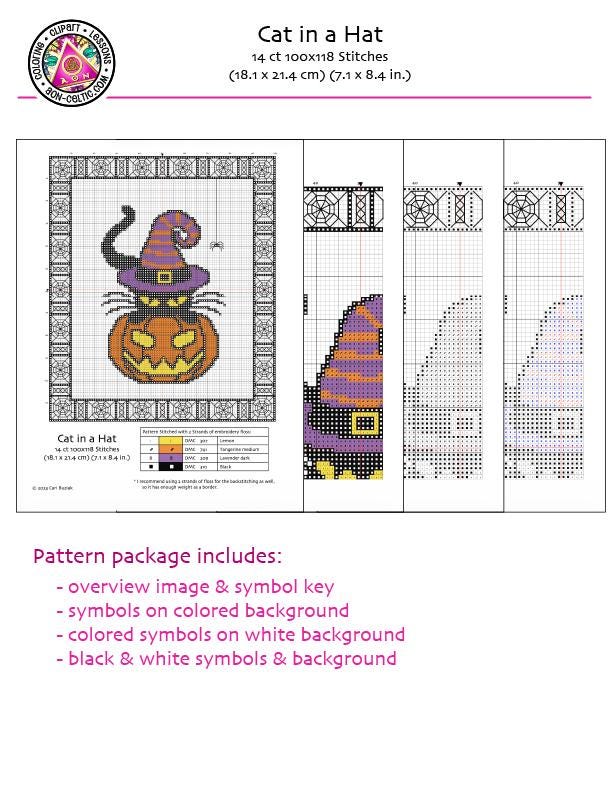 The image is a pattern package for a cross-stitch design featuring a cat in a hat. The package includes a preview image, a symbol key, and colored and black and white symbols on a white background.