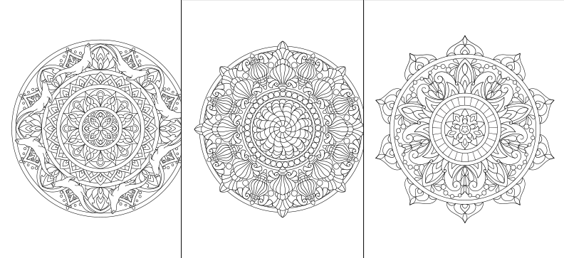 three intricate mandala designs, each with a unique and elaborate pattern. The designs are arranged in a row, showcasing the diversity and complexity of the mandala art.