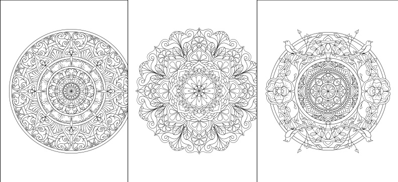 three intricate mandala designs, each with a unique and complex pattern. The mandala designs are arranged in a row, showcasing the artist's skill and creativity in creating these visually appealing and detailed patterns.
