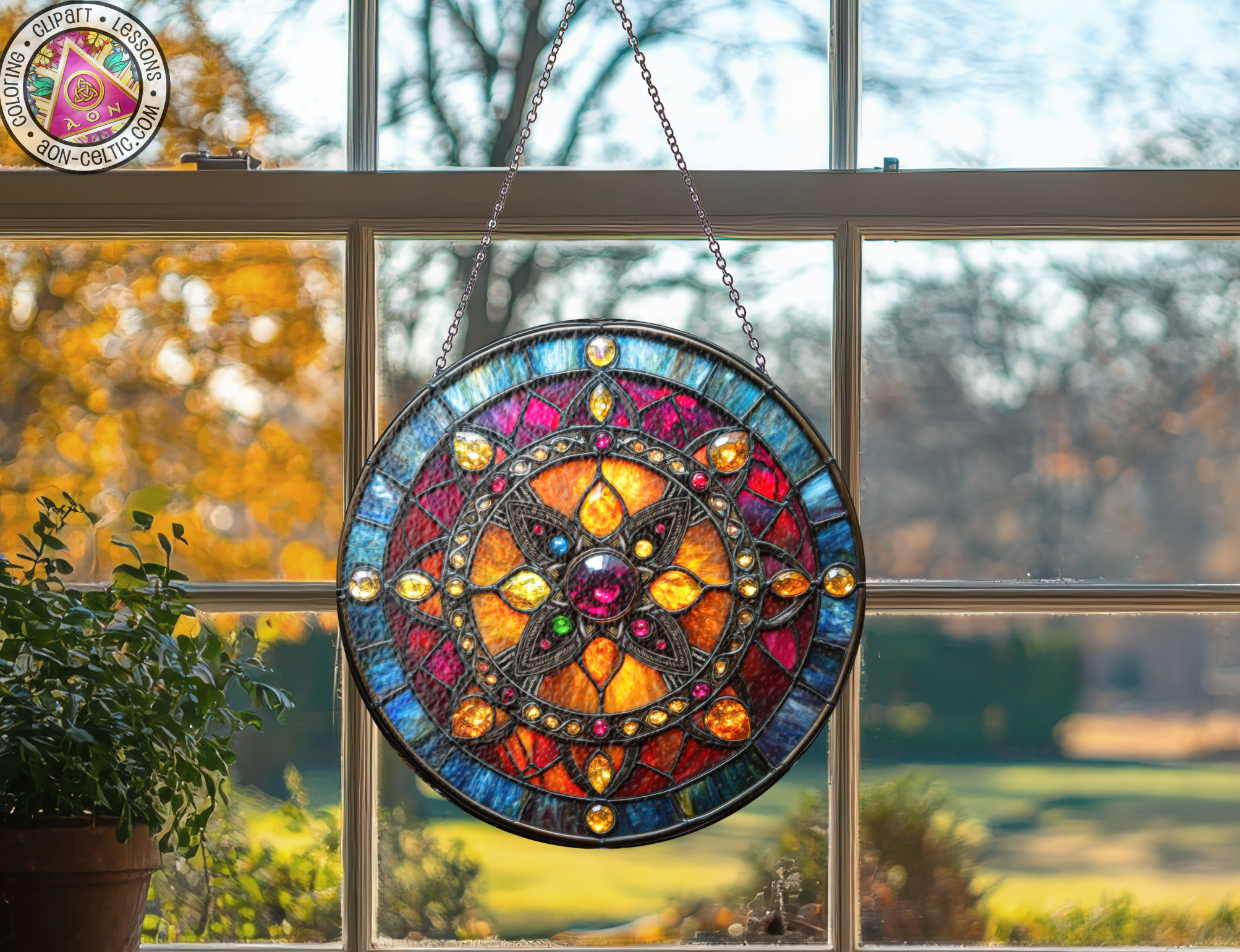 a stained glass sun catcher hanging from a window