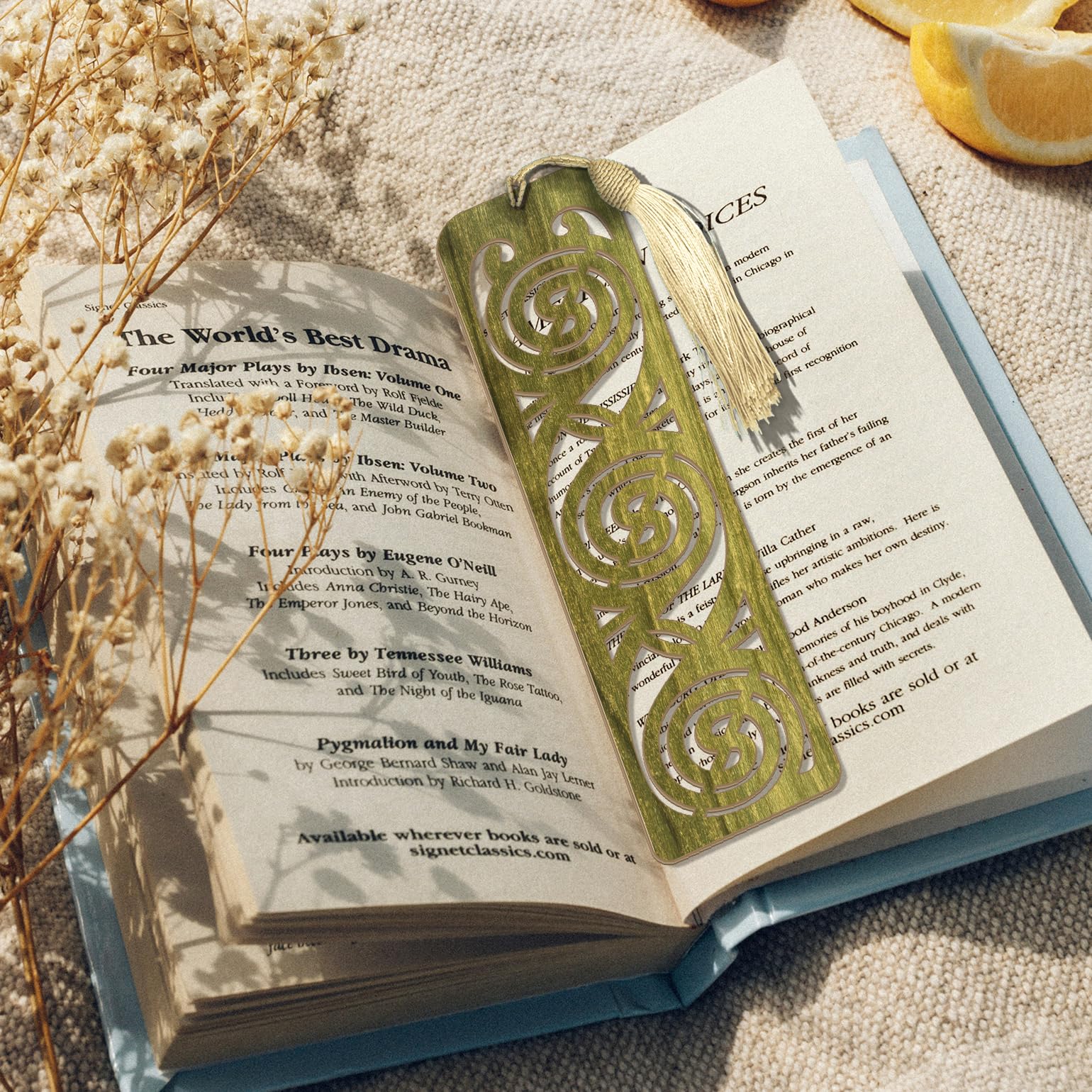 Wooden Bookmark - Celtic Spiral Laser Cut Bookmark with Olive Green Finish & Tassel Charm