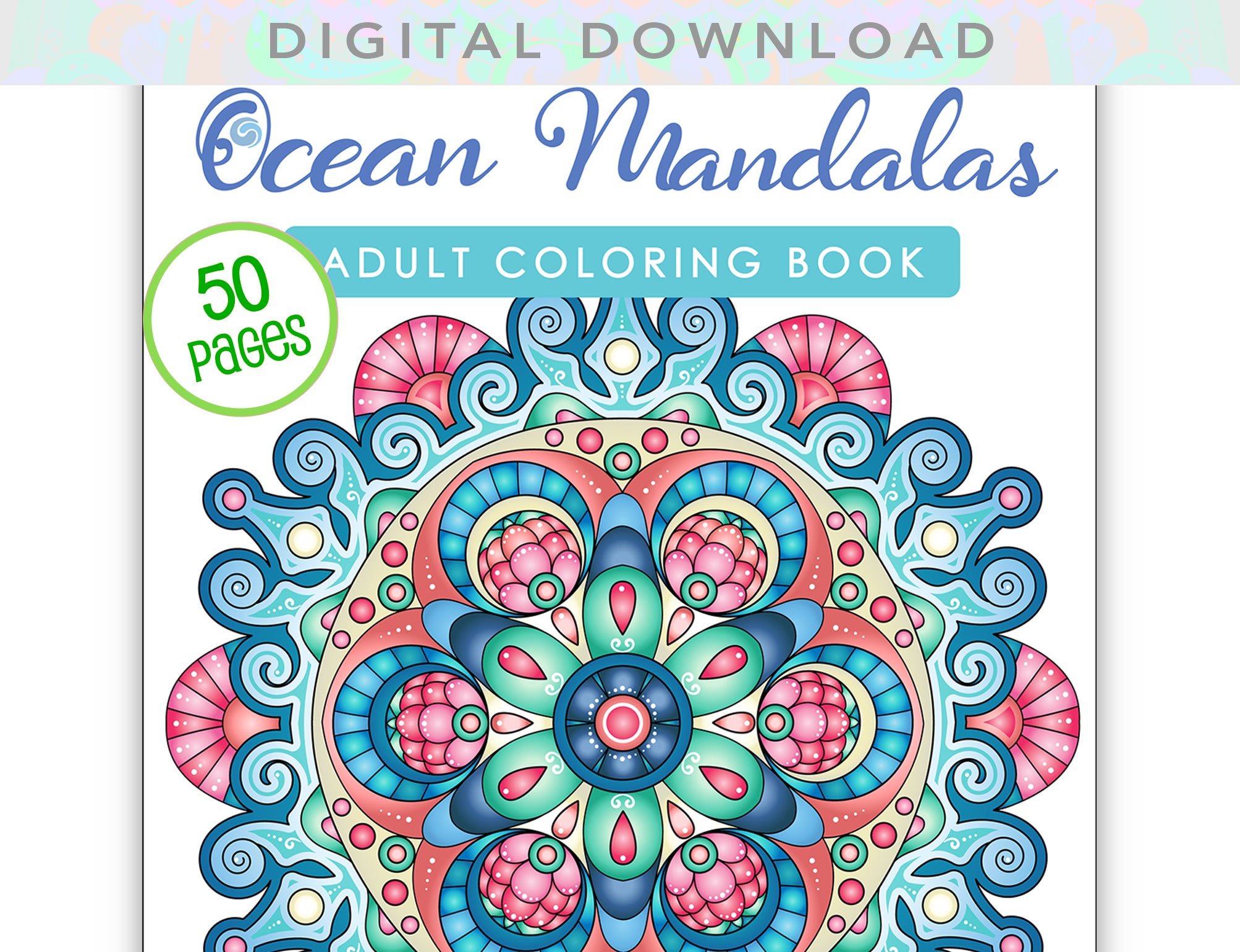 The image is an adult coloring book cover for "Ocean Mandalas" featuring a vibrant, intricate mandala design with various shades of blue, pink, and green.