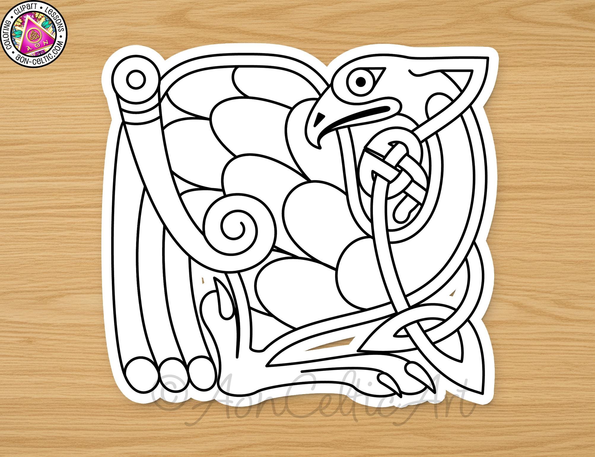 A black and white illustration of a stylized bird or creature with intricate, abstract patterns and shapes.