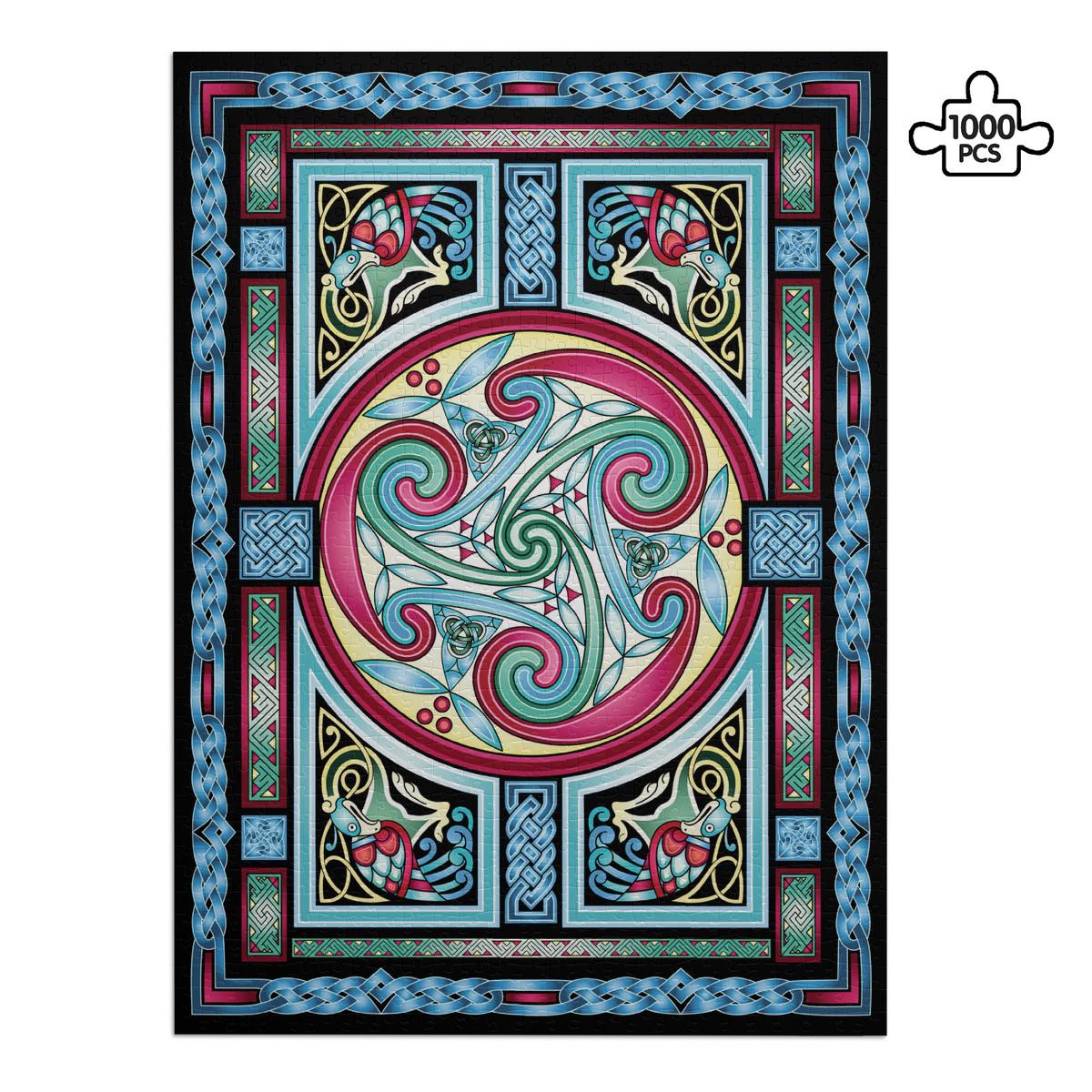 The image is a colorful, intricate, and detailed artwork featuring a central design with swirling patterns and shapes in various colors, including shades of blue, pink, green, and yellow. The artwork is framed by a border with geometric patterns in shades of blue, pink, and green. The overall composition is visually striking and captivating.
