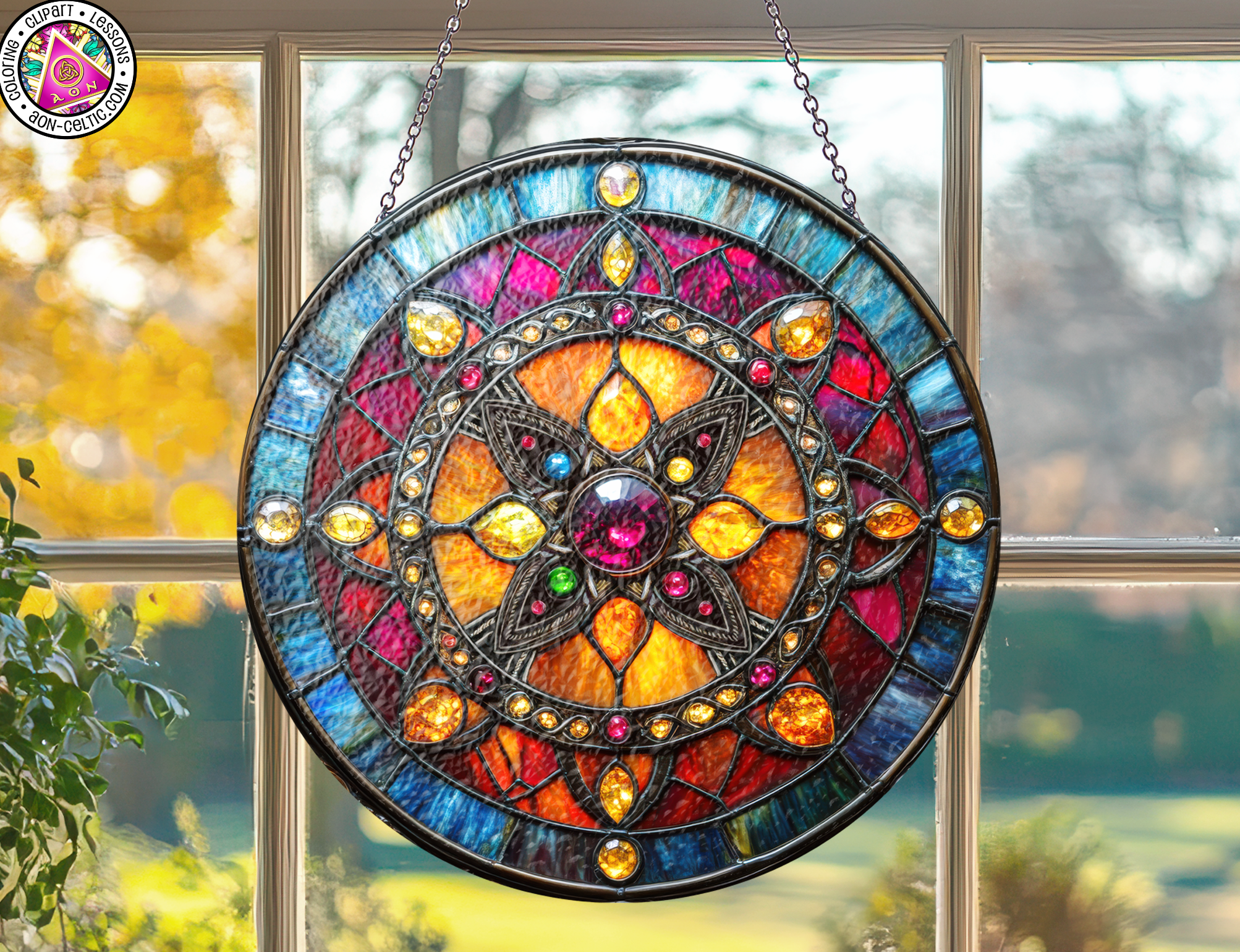 a stained glass sun catcher hanging from a window