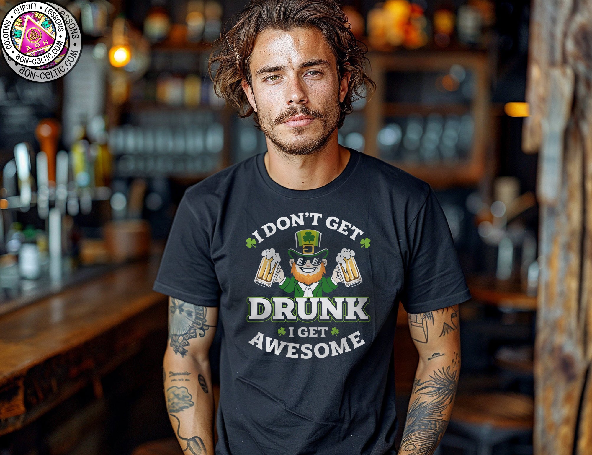 a man with tattoos standing in front of a bar