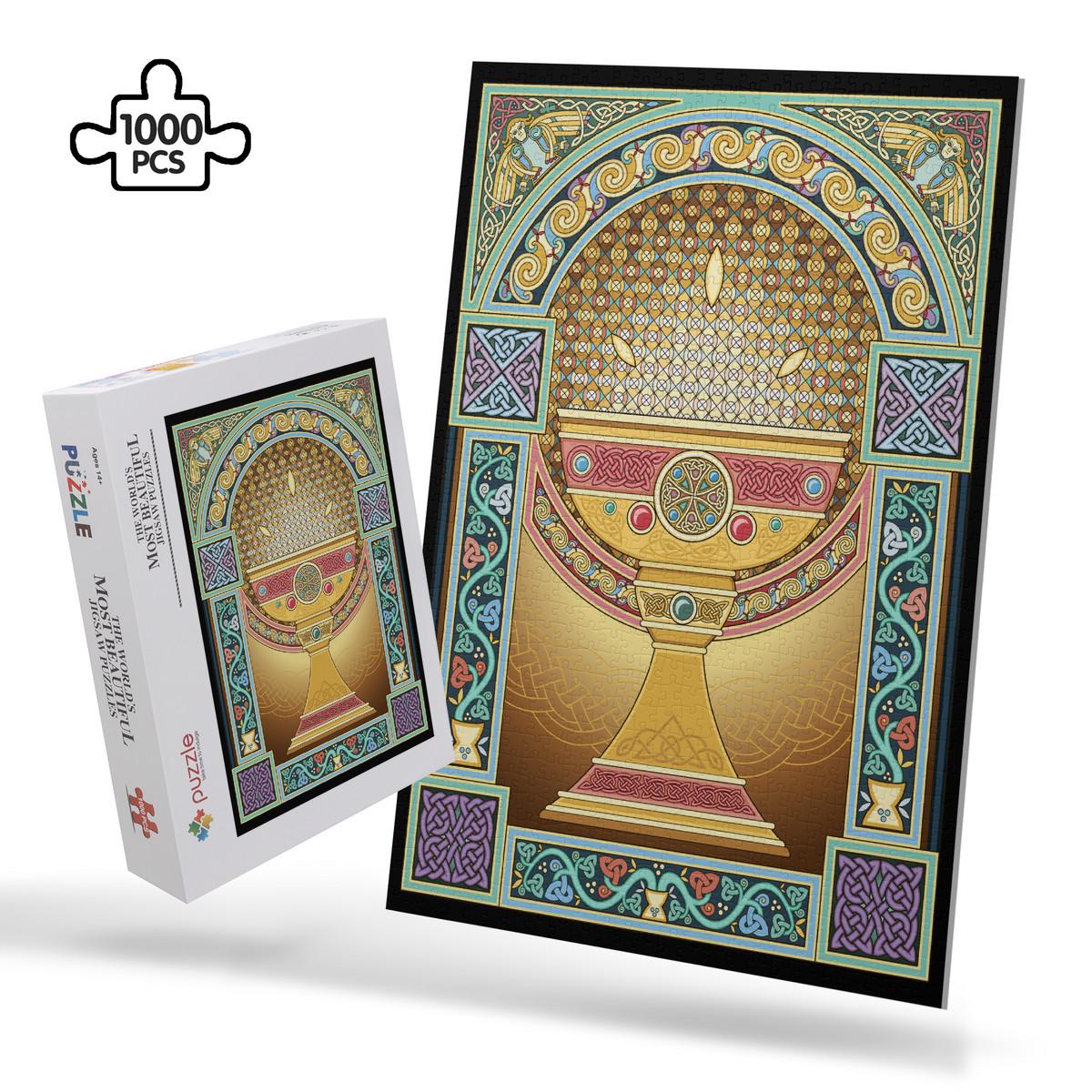 a large, ornate, and colorful depiction of a golden chalice or cup, surrounded by intricate patterns and designs.