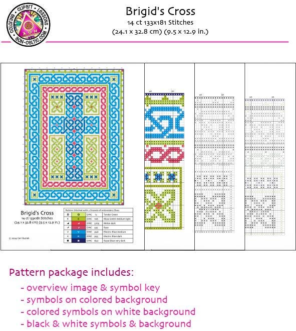 The image is a detailed cross-stitch pattern for the &quot;Brigid&#39;s Cross&quot; with various colored stitches and symbols. It includes a key for the symbols, a color palette, and instructions for the embroidery process. The package also includes a color scheme, symbols, and background images for the embroidery.