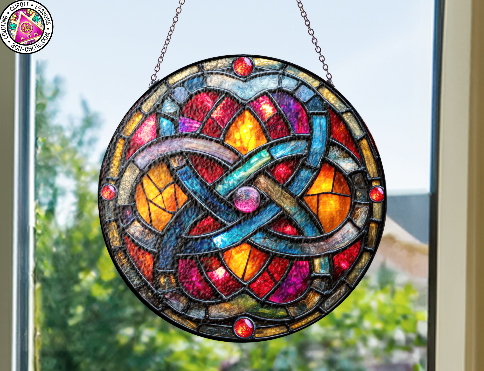 a stained glass window hanging from a chain