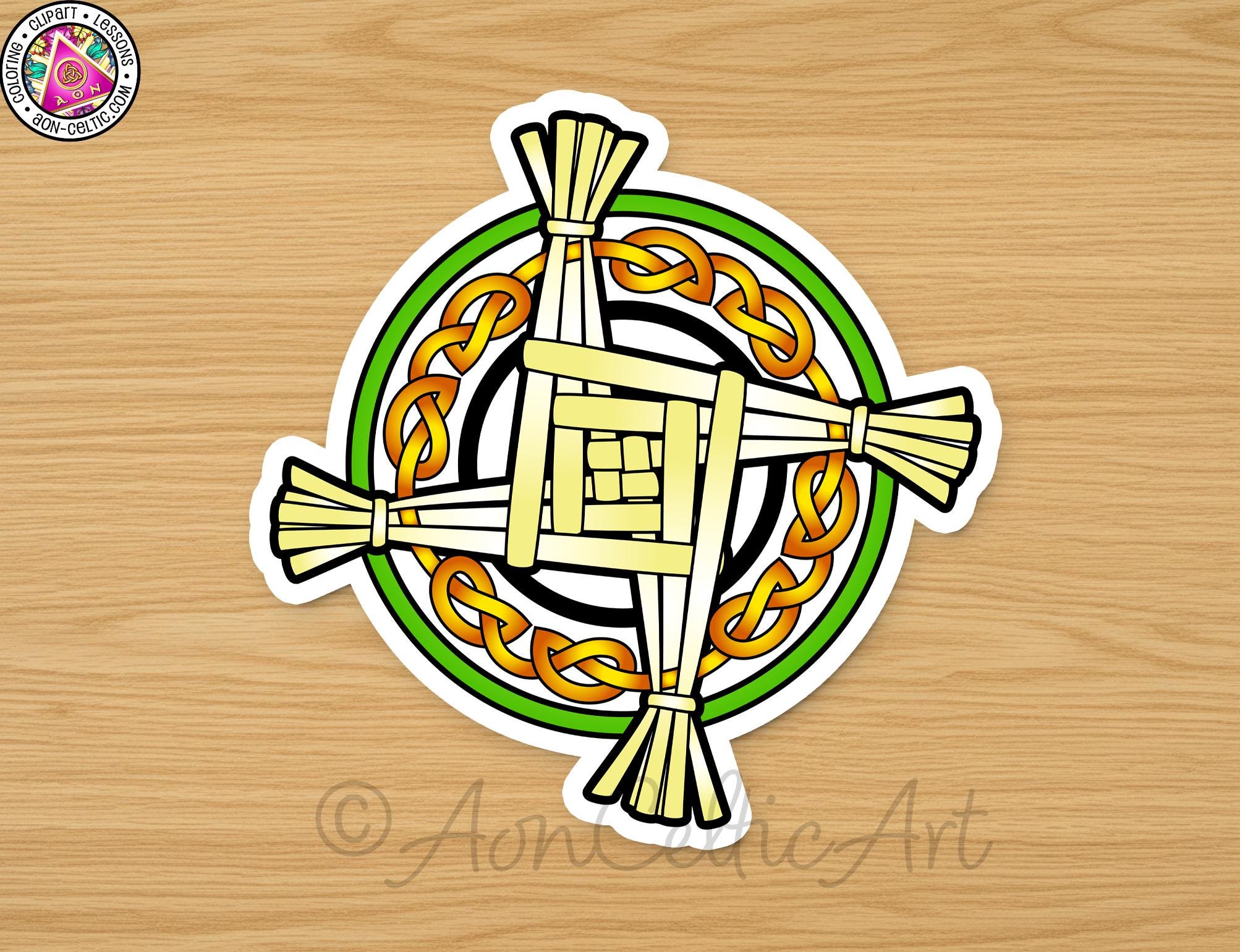 A sticker depicting a Celtic cross symbol with a circular design and a green border.
