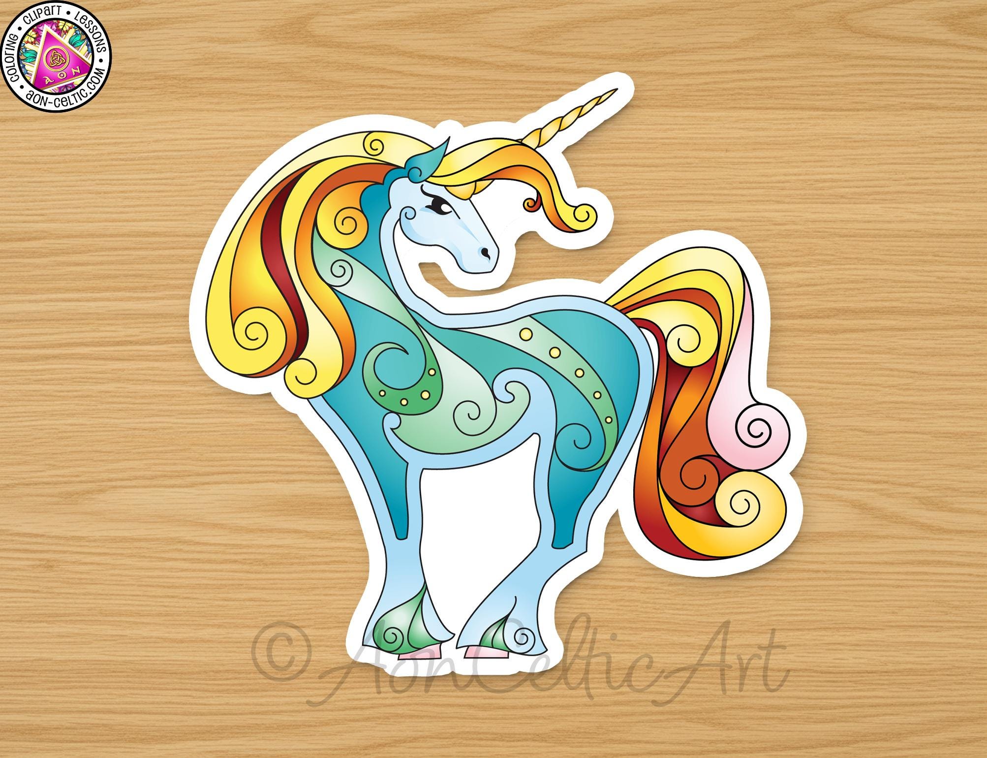 A colorful and whimsical illustration of a unicorn with a long, flowing mane and tail, set against a wooden background.