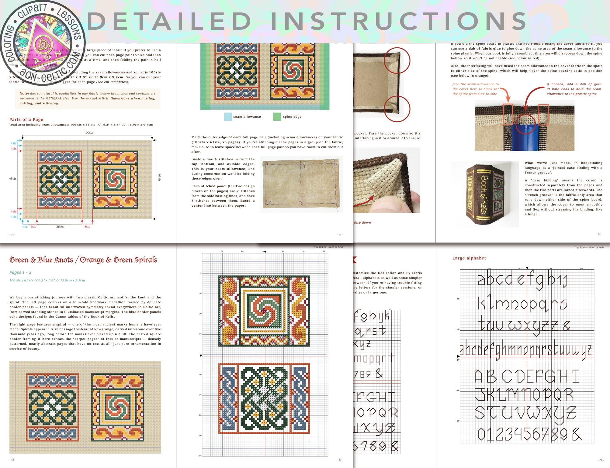 The image is a detailed instructions page for a cross-stitch project, featuring various images and step-by-step instructions for creating a pattern.