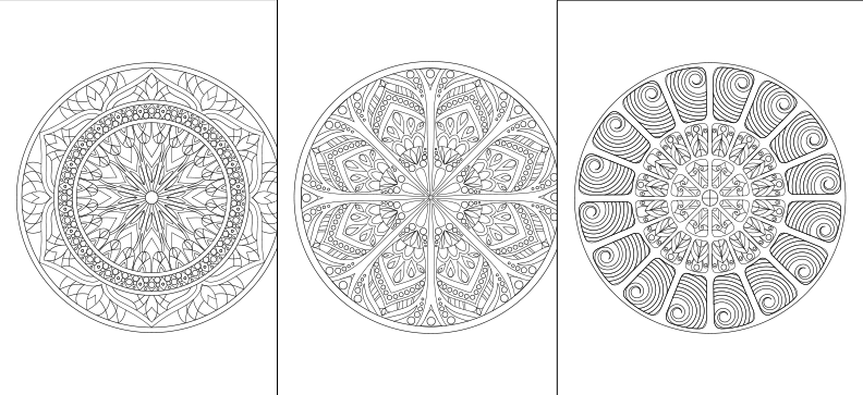 three circular designs with intricate patterns and designs, likely intended for coloring or artistic purposes.