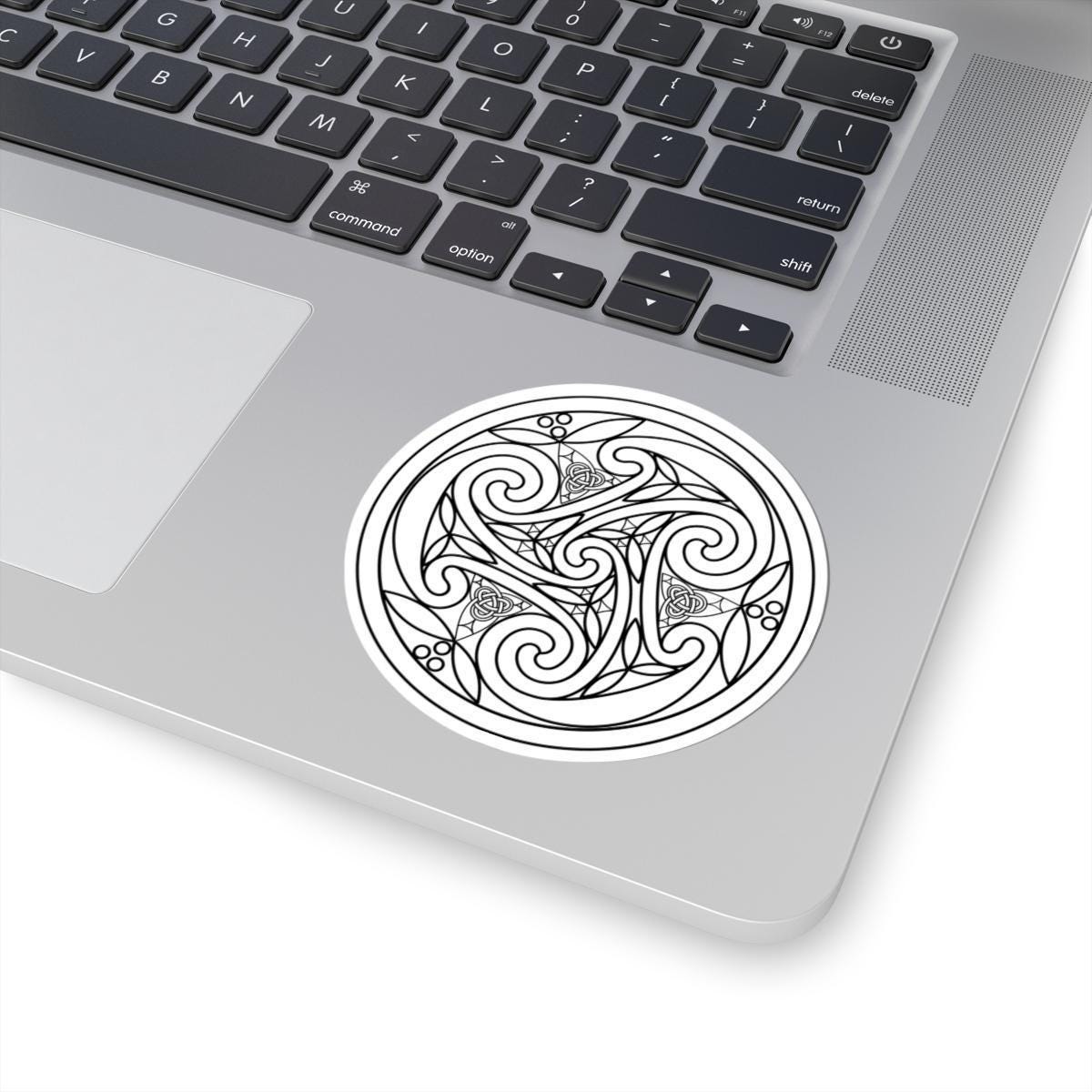 Celtic Art Sticker - White Line Spiral Mandala With Modern Knotwork Design