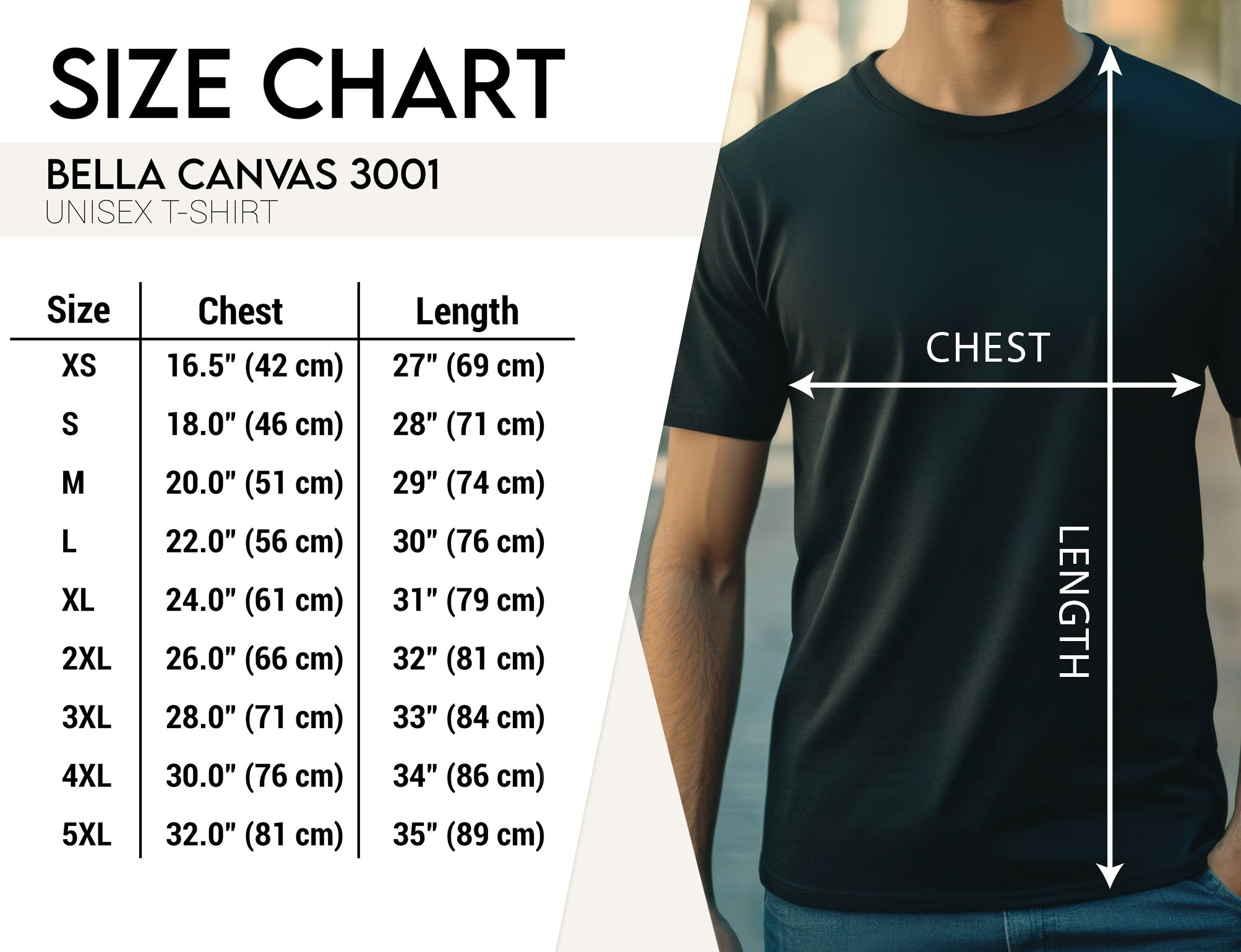 a man wearing a size chart for a t - shirt