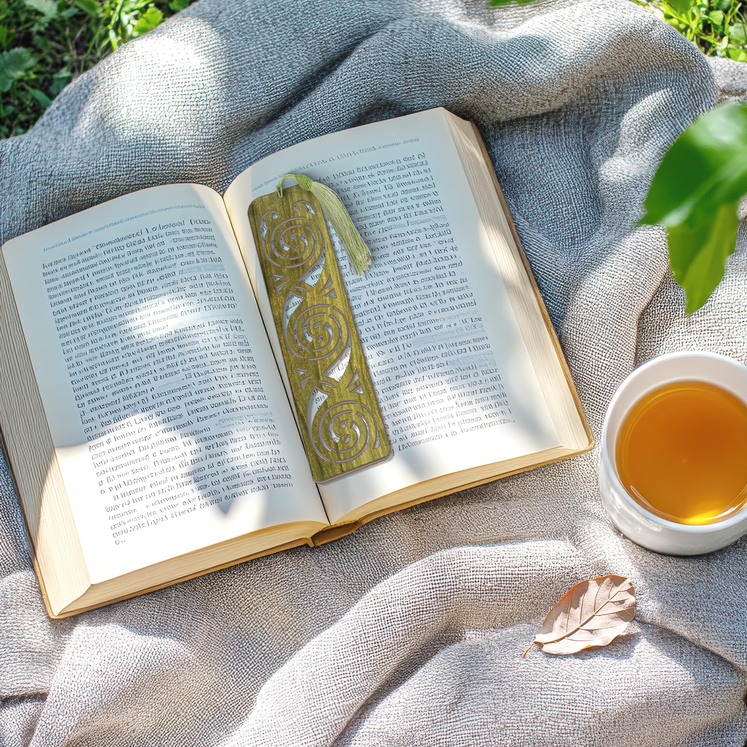 Wooden Bookmark - Celtic Spiral Laser Cut Bookmark with Olive Green Finish & Tassel Charm