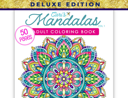 The image is a colorful mandala coloring book cover for "Cari's Mandala Coloring Book", featuring a large mandala design with intricate patterns and vibrant colors.