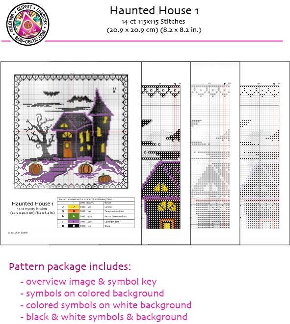 The image is a cross-stitch pattern for a Haunted House, which includes a key, symbols, and a background color scheme. The package also includes an overview image and a color key, as well as symbols on a colored background, colored symbols on a white background, and black and white symbols and background.