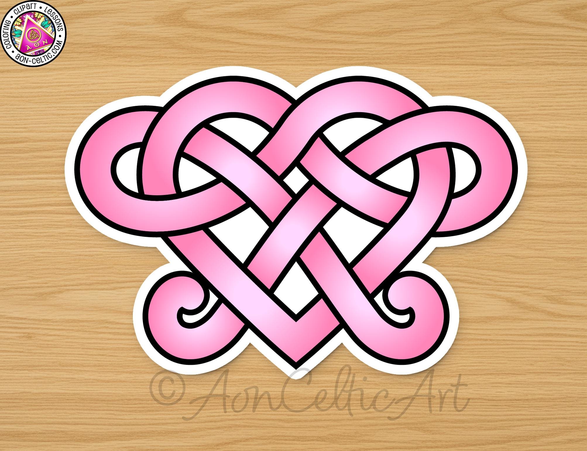 A heart-shaped design with intertwined pink and white lines, resembling a Celtic knot pattern.