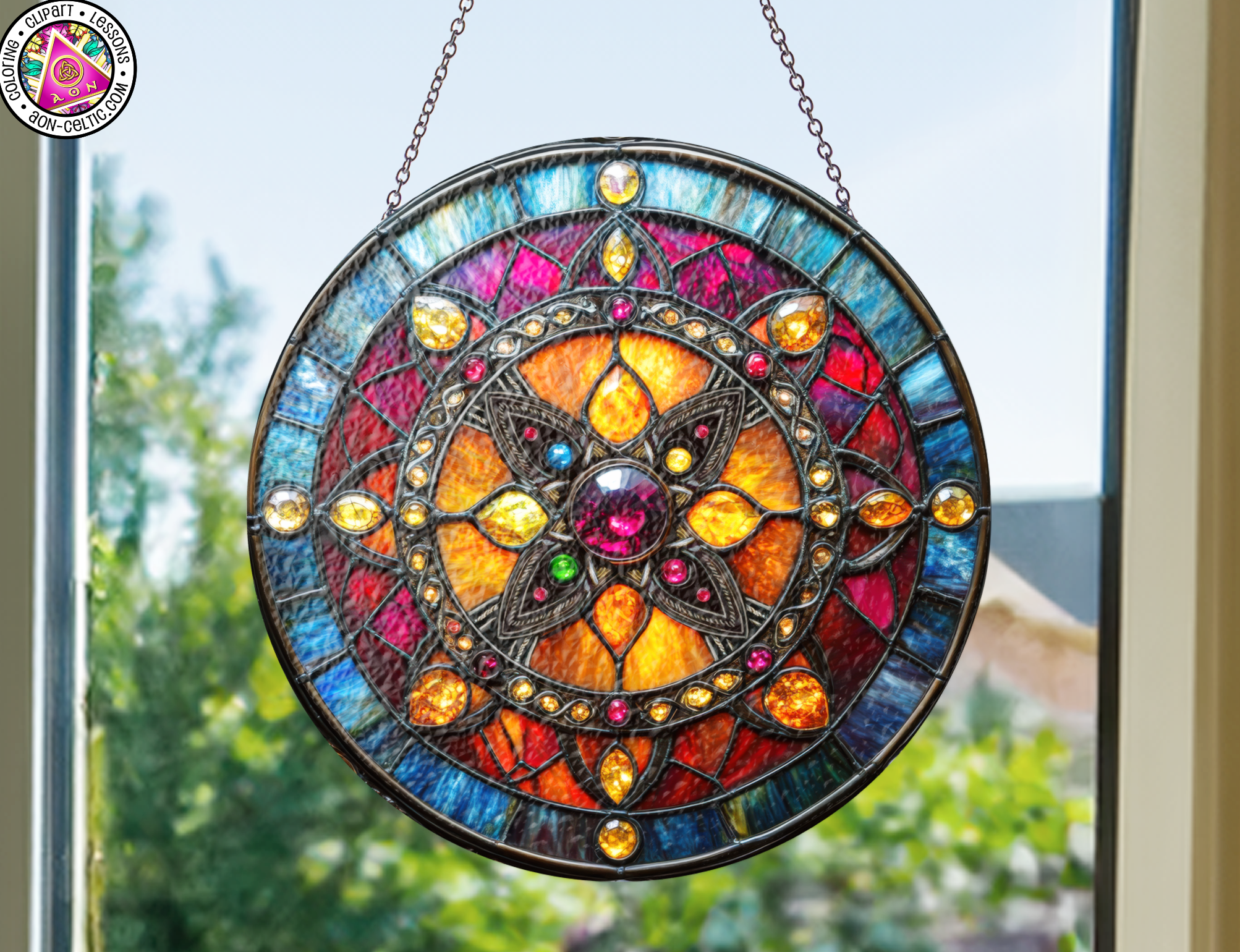 a stained glass sun catcher hanging from a window