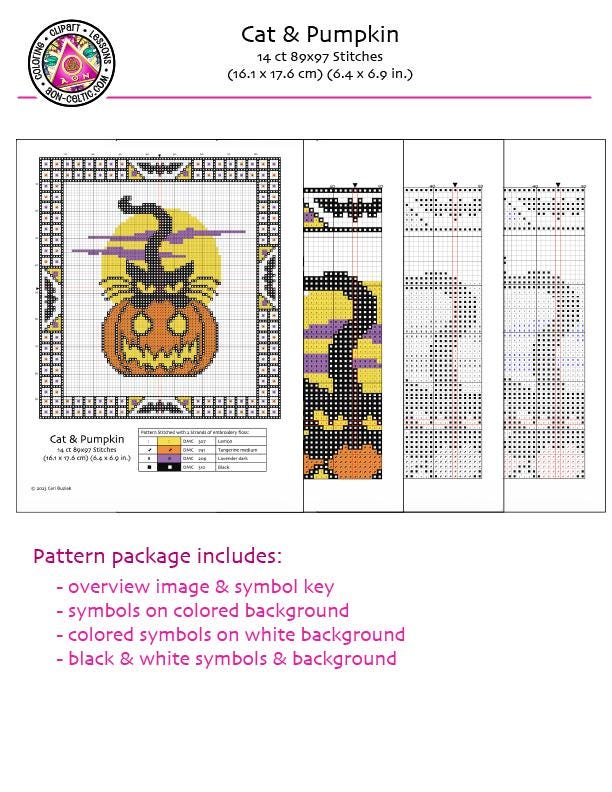 The image is a pattern package for a Cat & Pumpkin embroidery project. It includes a key for the symbols used in the embroidery, a preview of the embroidery, and a color-coded background for the embroidery. The package also includes colored and colored symbols on a white background, black and white symbols, and a black and white background.
