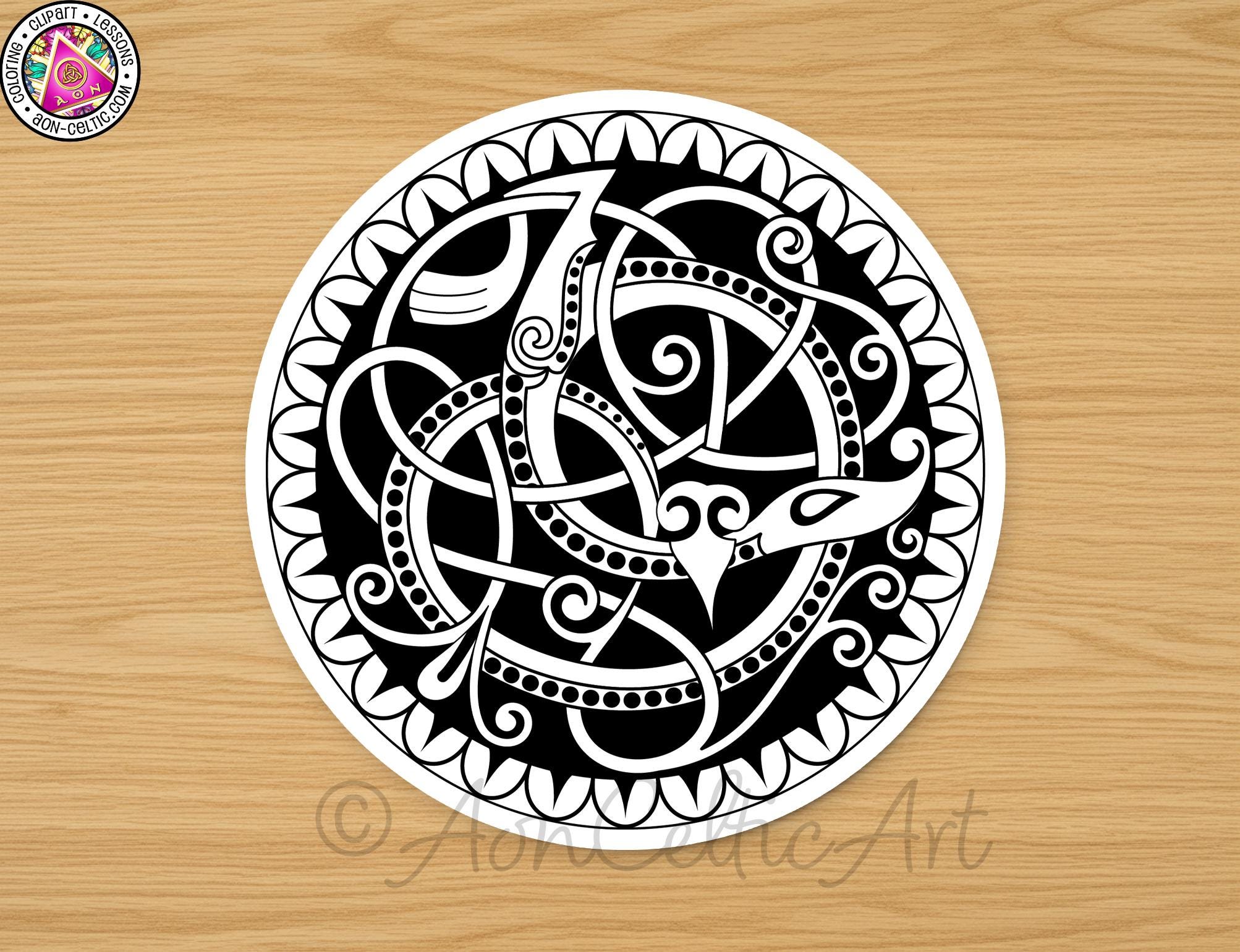 a circular design with intricate black and white patterns and swirls, resembling a Celtic or Viking-inspired motif.