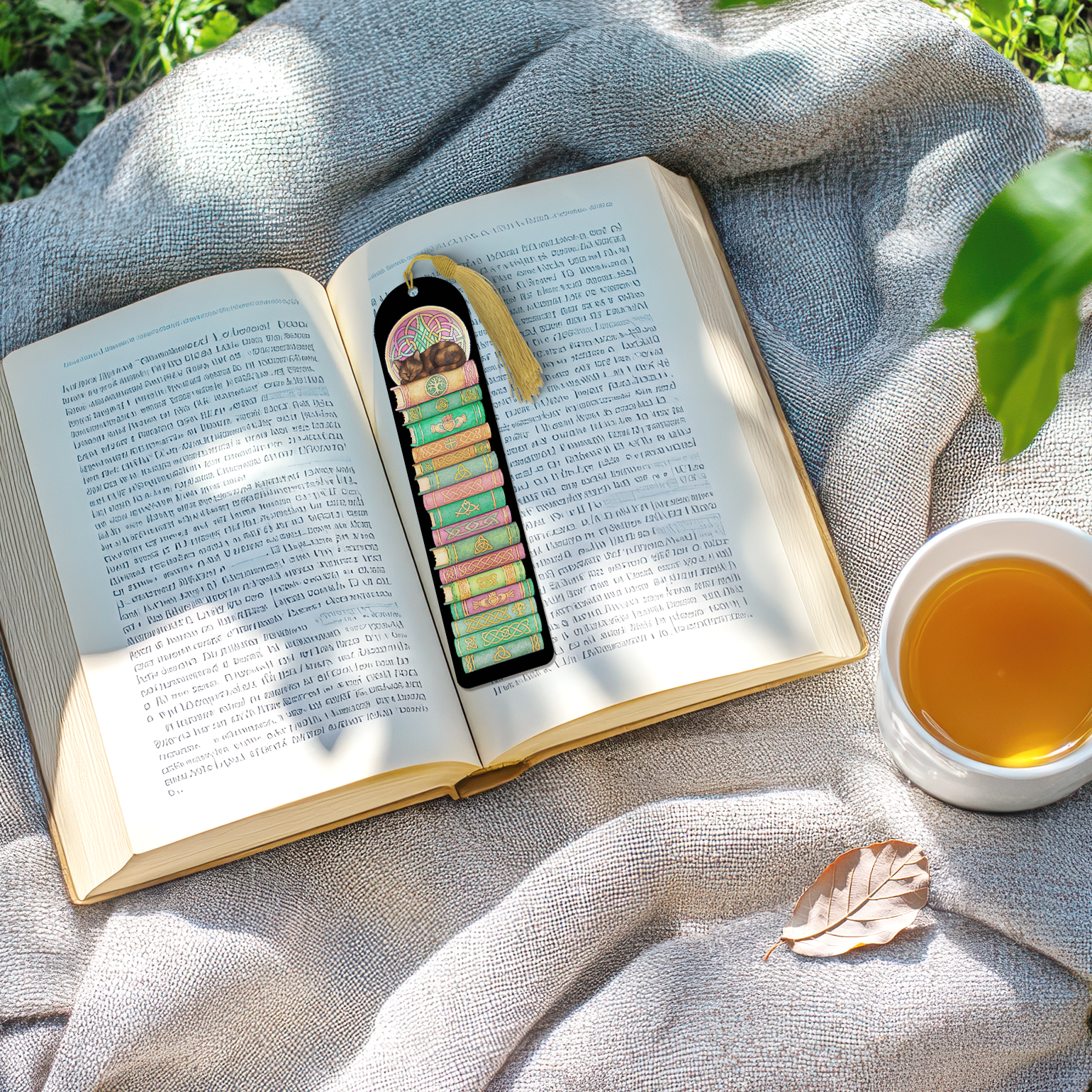 An open book with a colorful bookmark, a cup of tea, and a leaf on a blanket, all set against a backdrop of greenery.