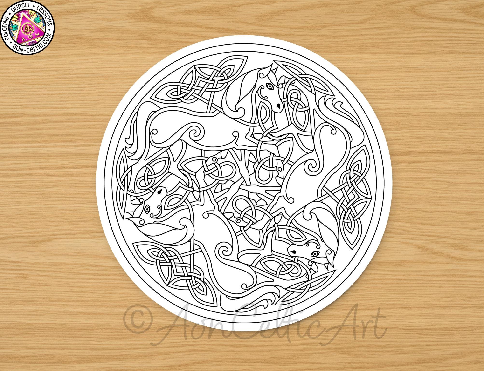 A circular design featuring intricate Celtic knot patterns and various animal motifs, including horses, on a wooden surface.