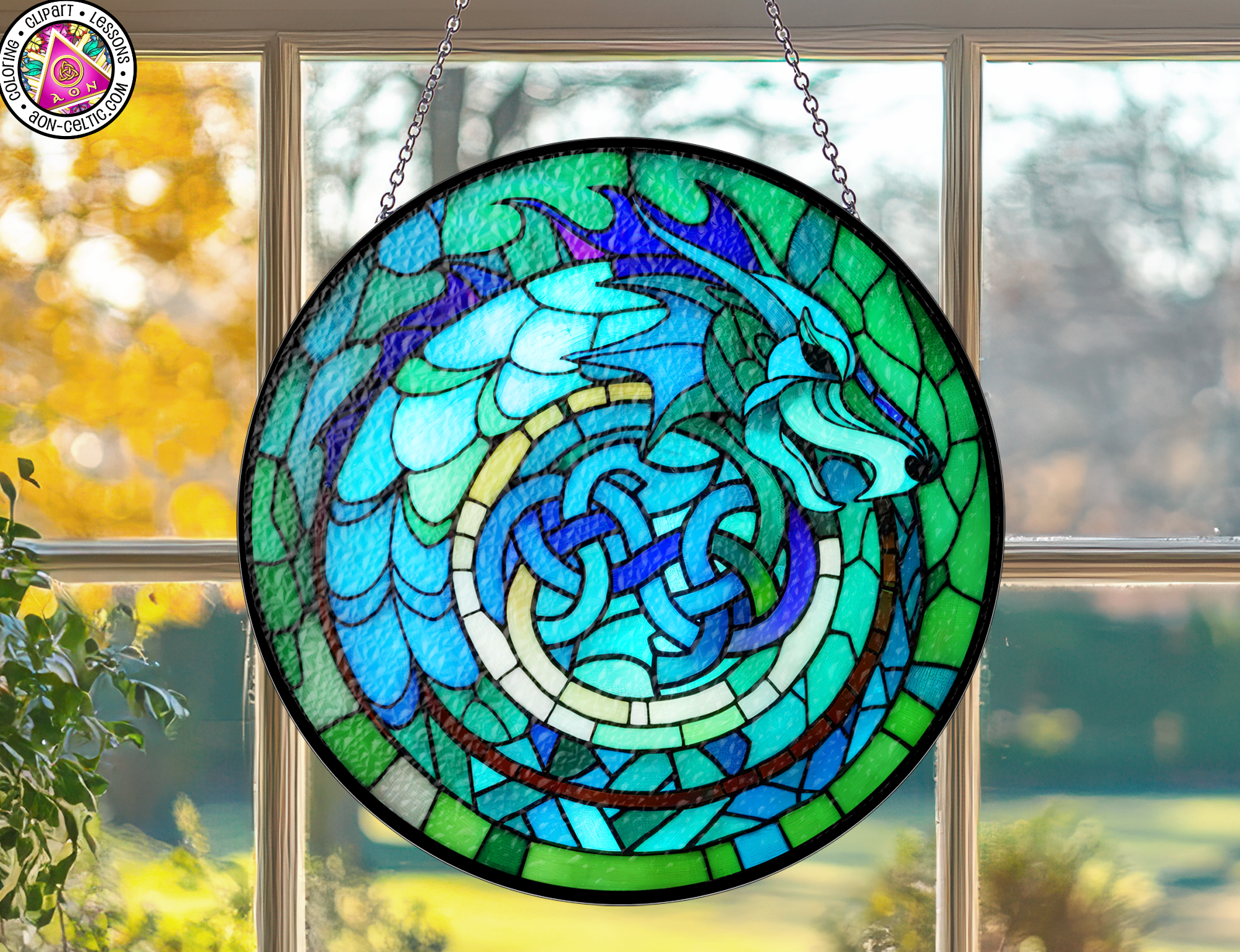 a stained glass window with a dragon on it