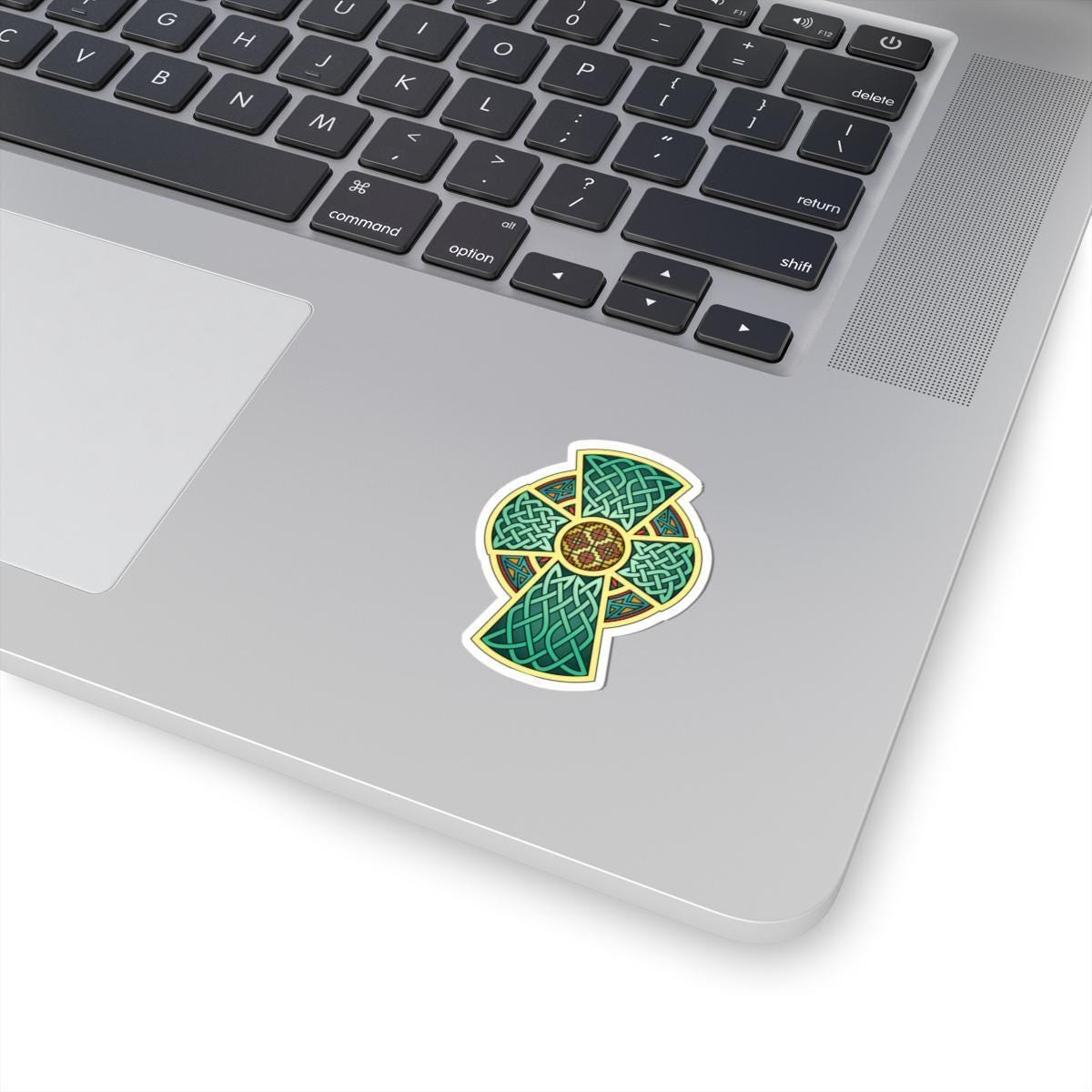 Celtic Cross Sticker - Traditional Irish Knotwork Decal with Yellow Border Accent