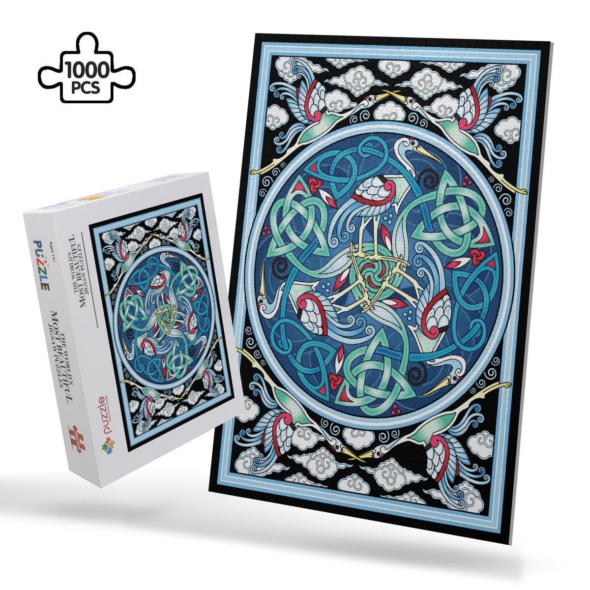 a large, intricate Celtic knot design in shades of blue, green, and red, with various birds and other elements surrounding it.