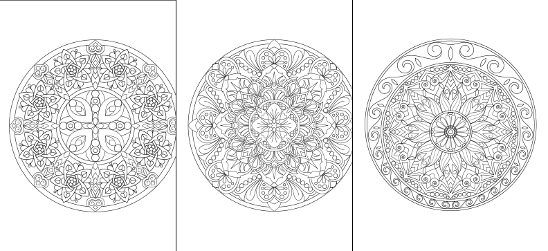 three intricate, symmetrical mandala designs, each with a unique floral and leaf pattern. The designs are arranged in a row, showcasing the artist's skill in creating detailed and visually appealing mandala patterns.