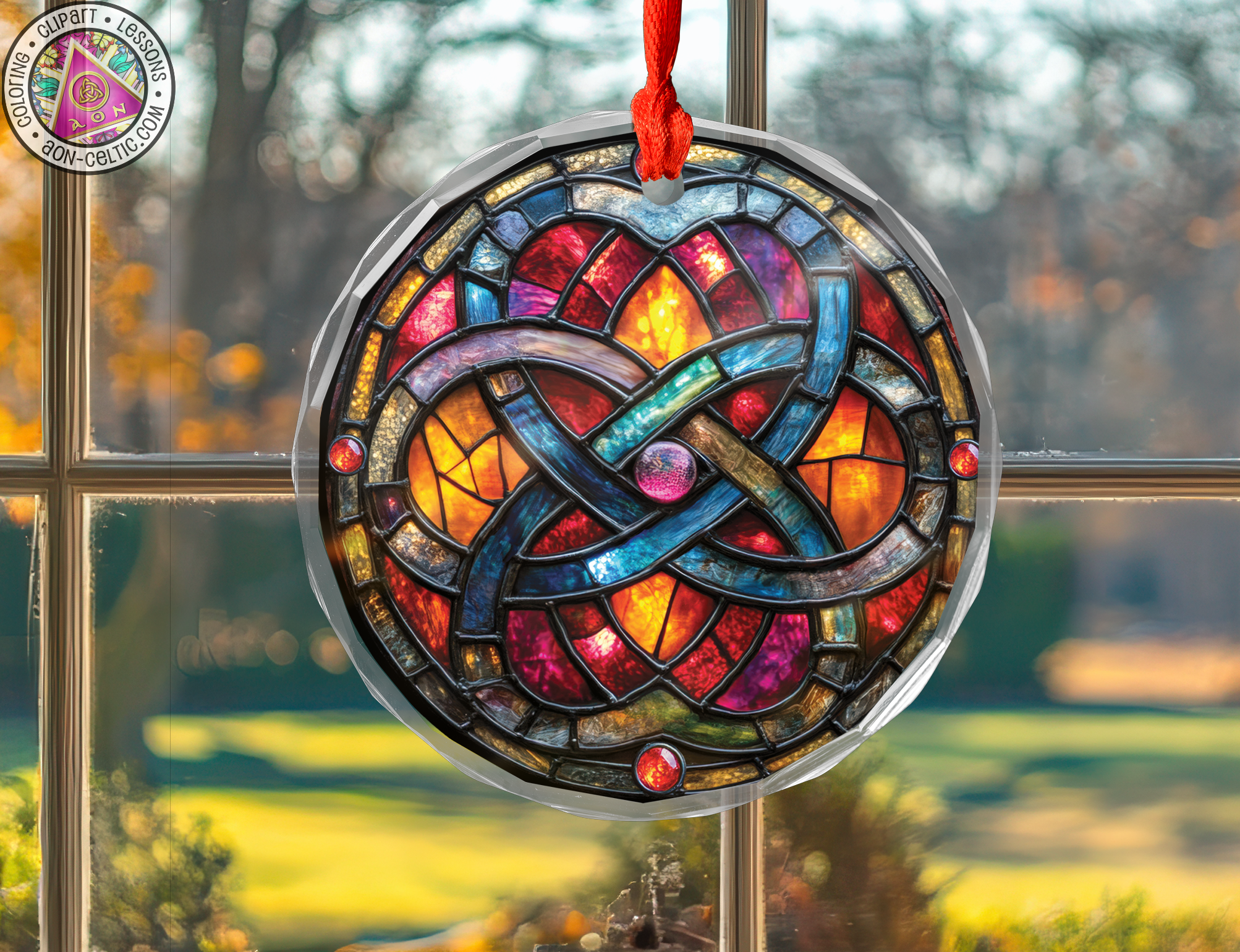 a stained glass ornament hanging from a window