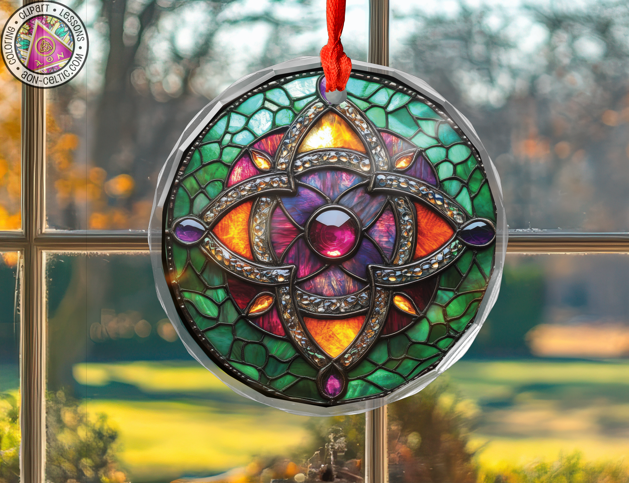 a stained glass sun catcher hanging from a window