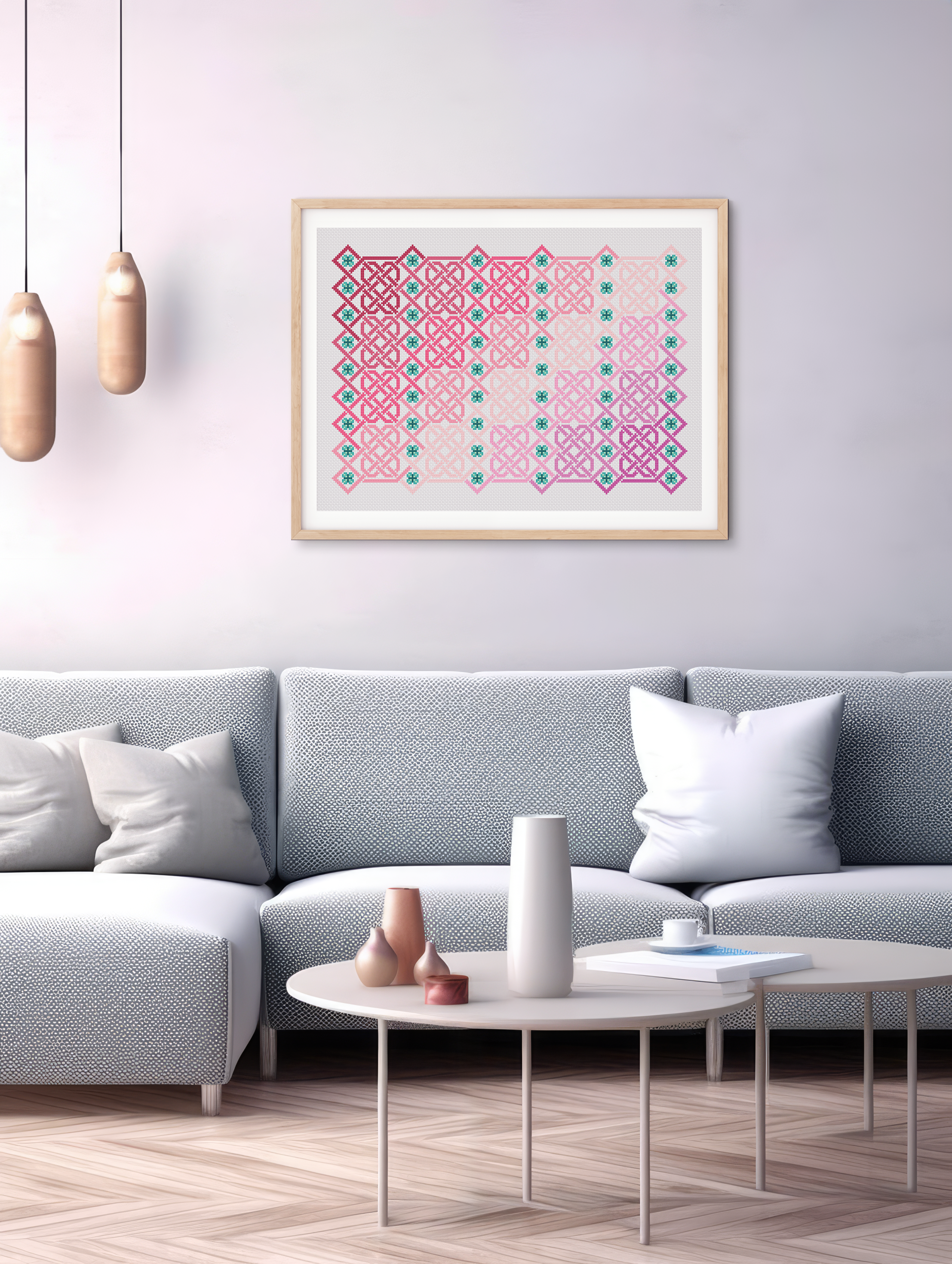 Celtic Cross Stitch Pattern – Rosy Blush Knotwork Embroidery Chart for Irish Home Decoration