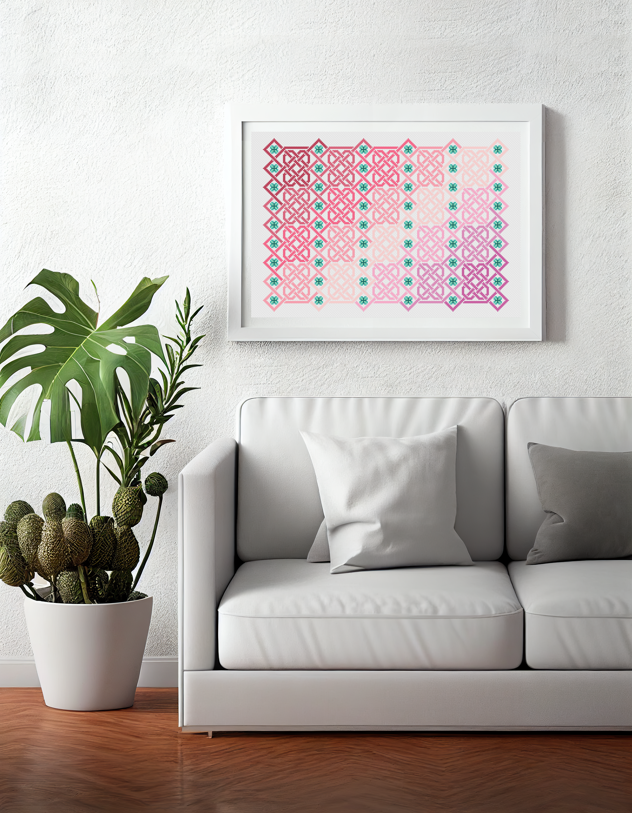 Celtic Cross Stitch Pattern – Rosy Blush Knotwork Embroidery Chart for Irish Home Decoration