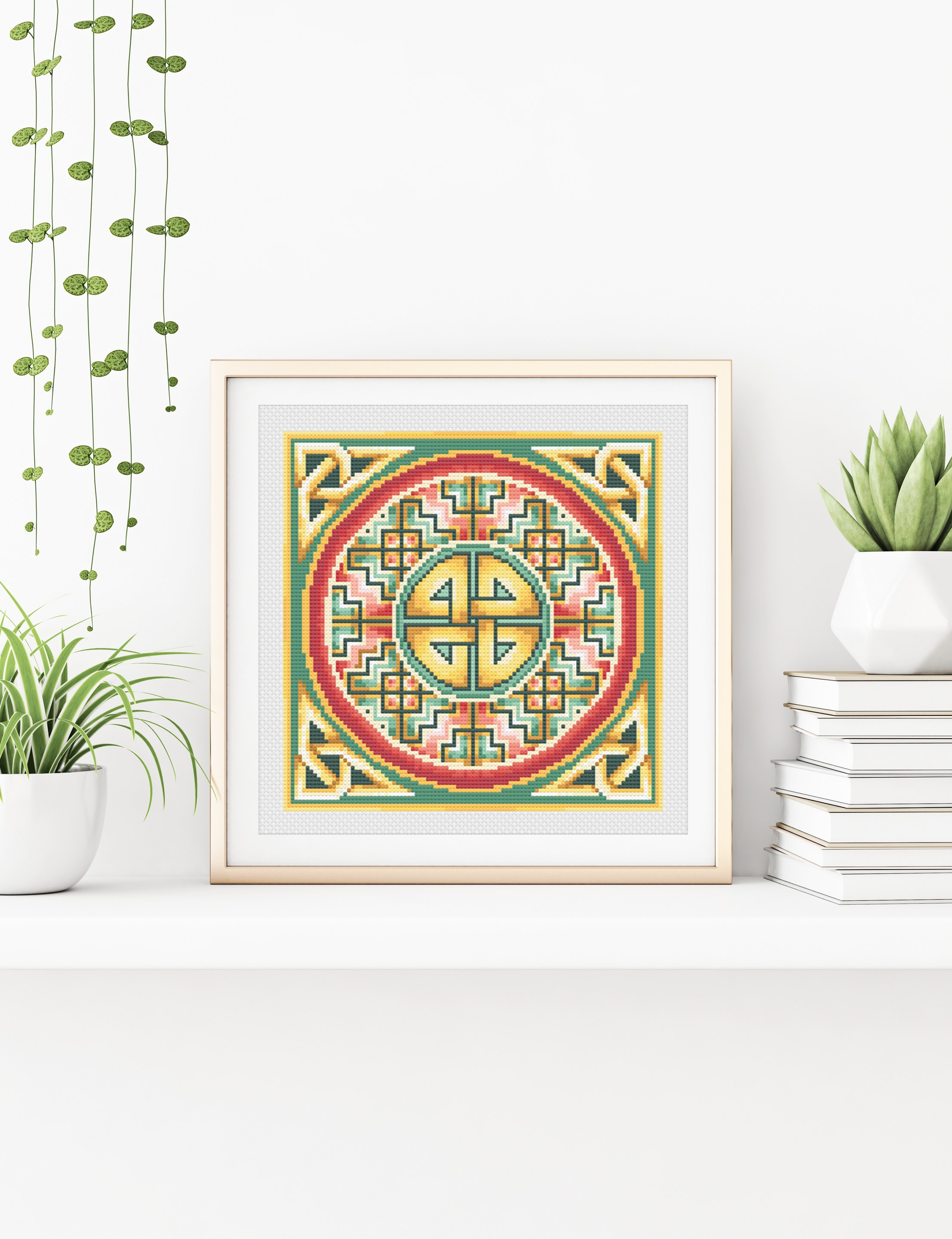 Celtic Cross Stitch Pattern – Rosy Pink Irish Embroidery Design With Handmade Knot