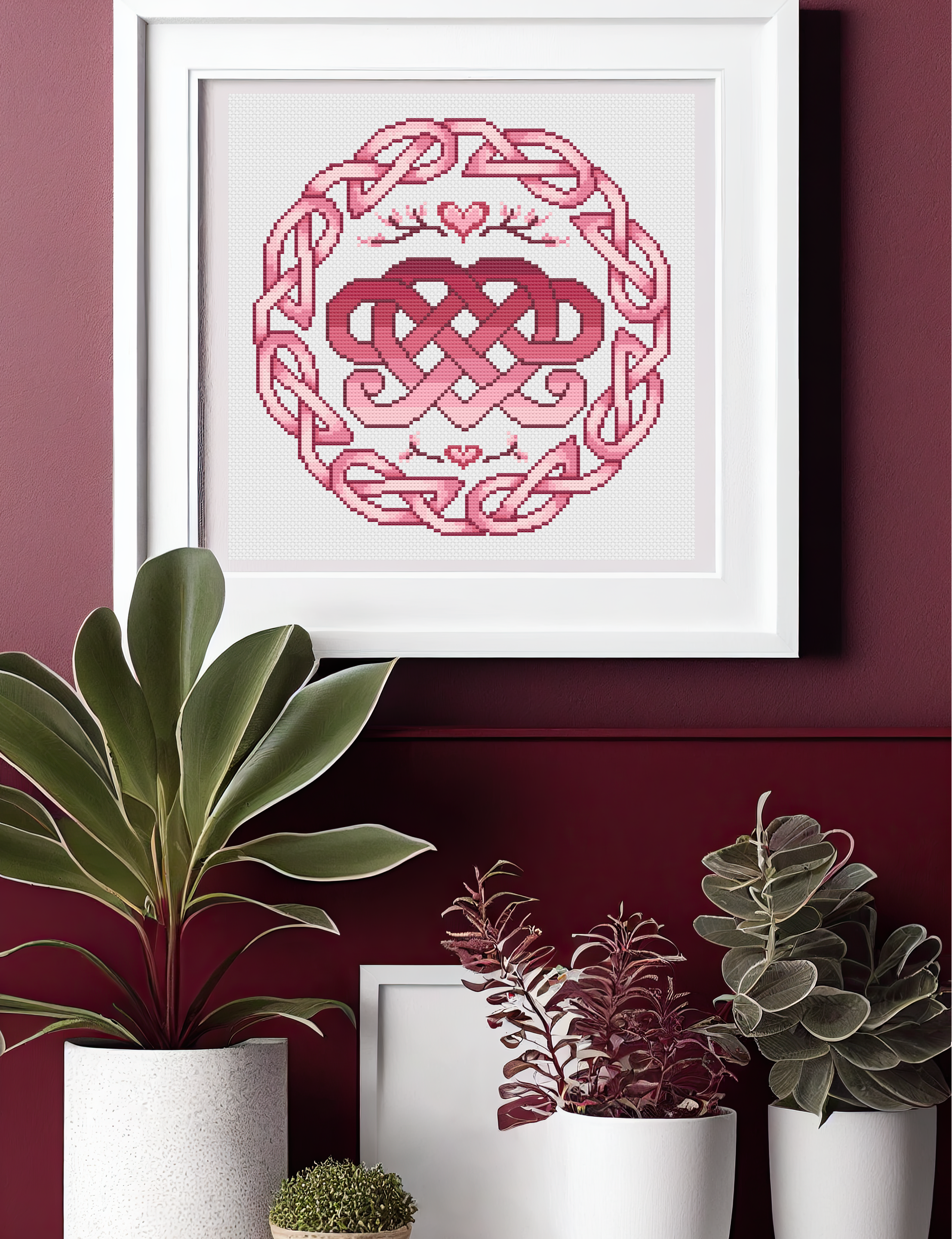 Celtic Cross Stitch Pattern - Irish Love Knot Chart With Heart & Flower Motif