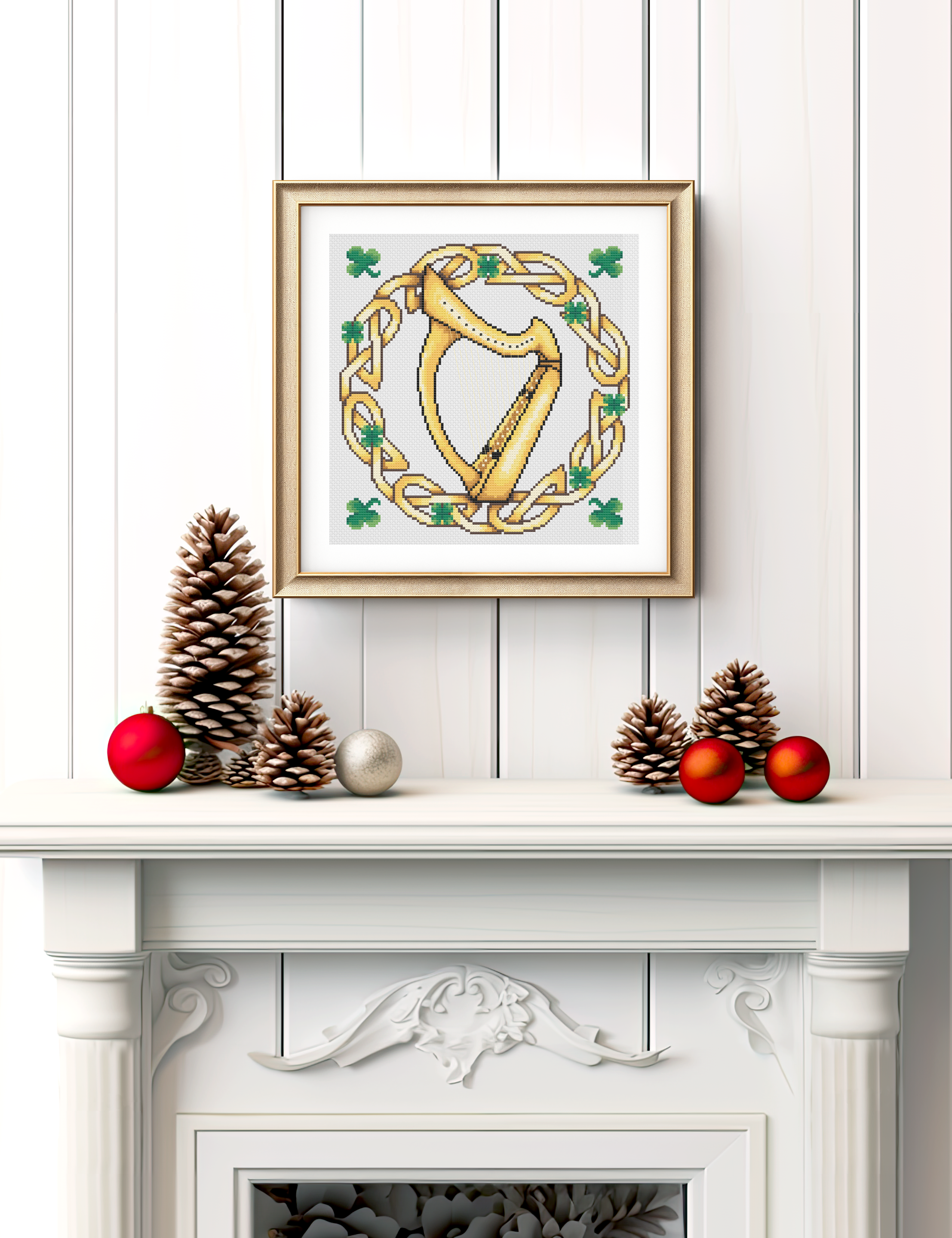Celtic Cross Stitch Pattern - Irish Harp Embroidery PDF with Shamrock Design