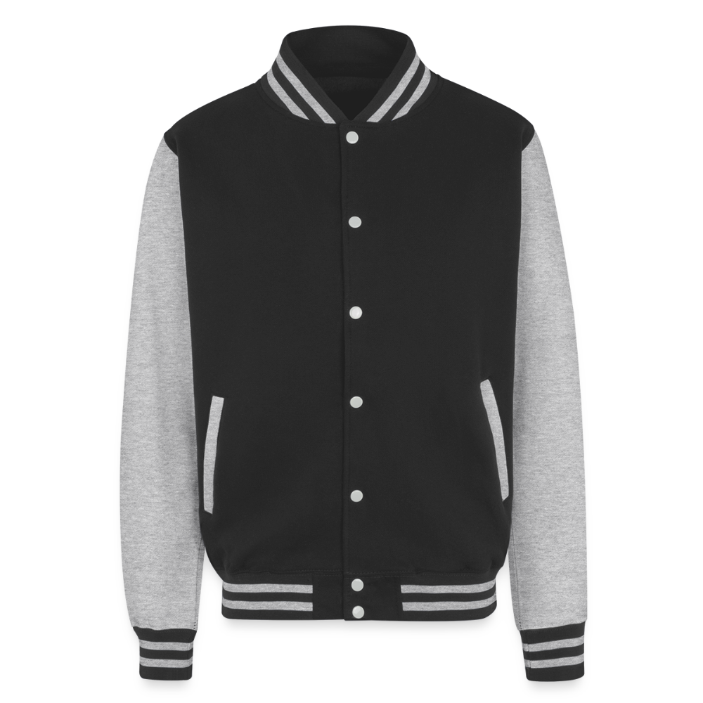 A black and gray varsity jacket with white buttons and stripes on the sleeves and collar.