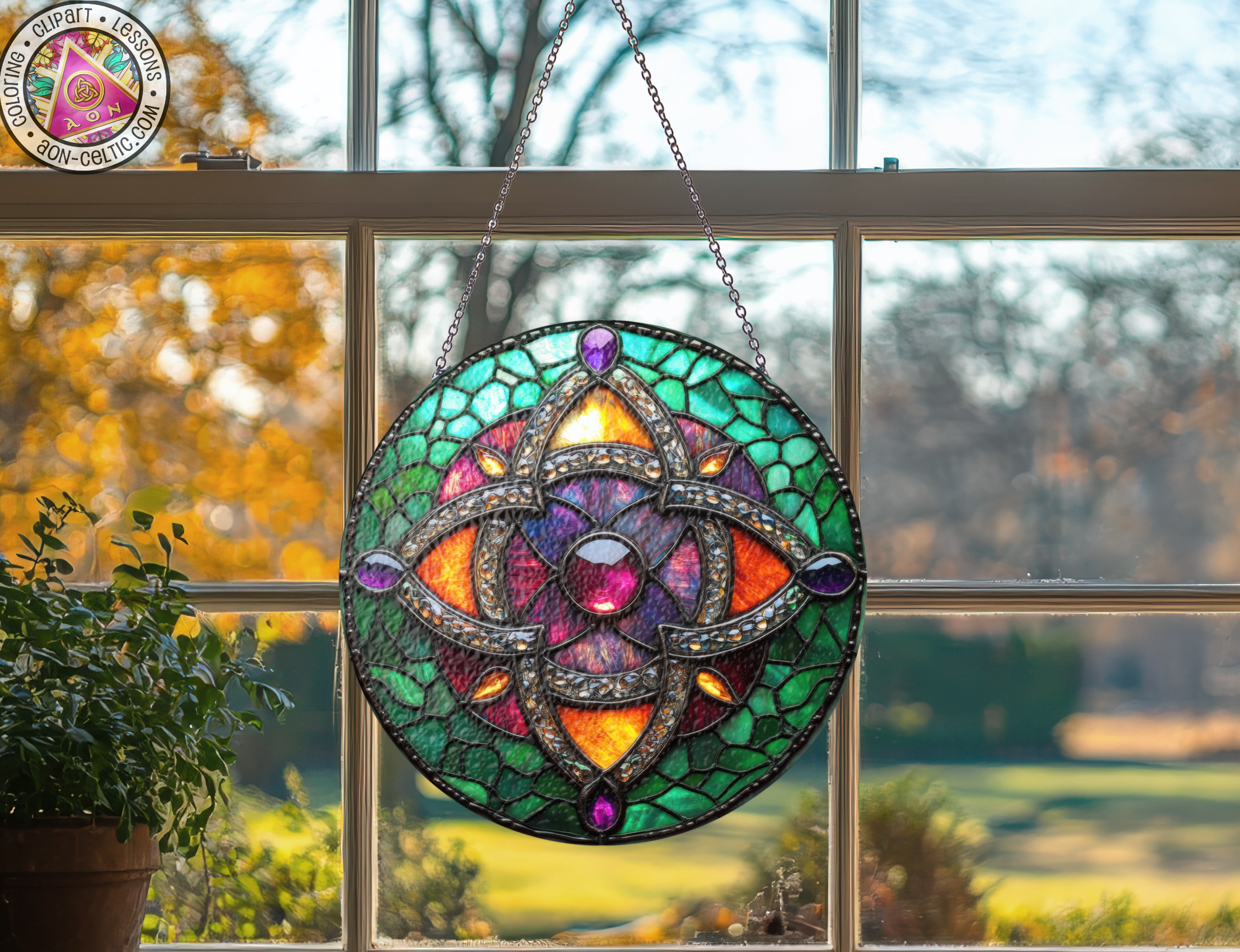 a stained glass sun catcher hanging from a window
